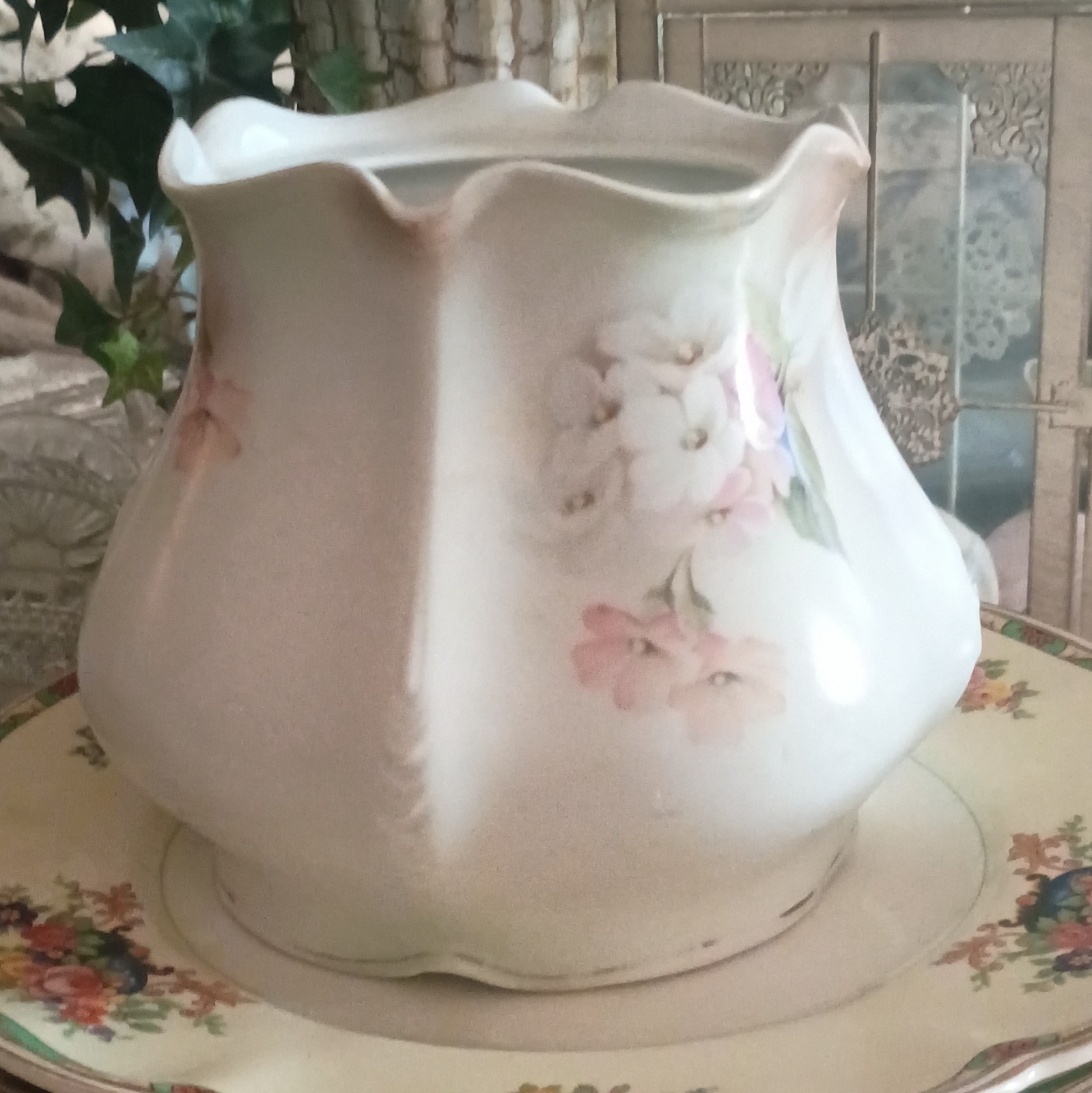 RS Prussia Floral Porcelain Pitcher Glossy White Pink Green Prussia