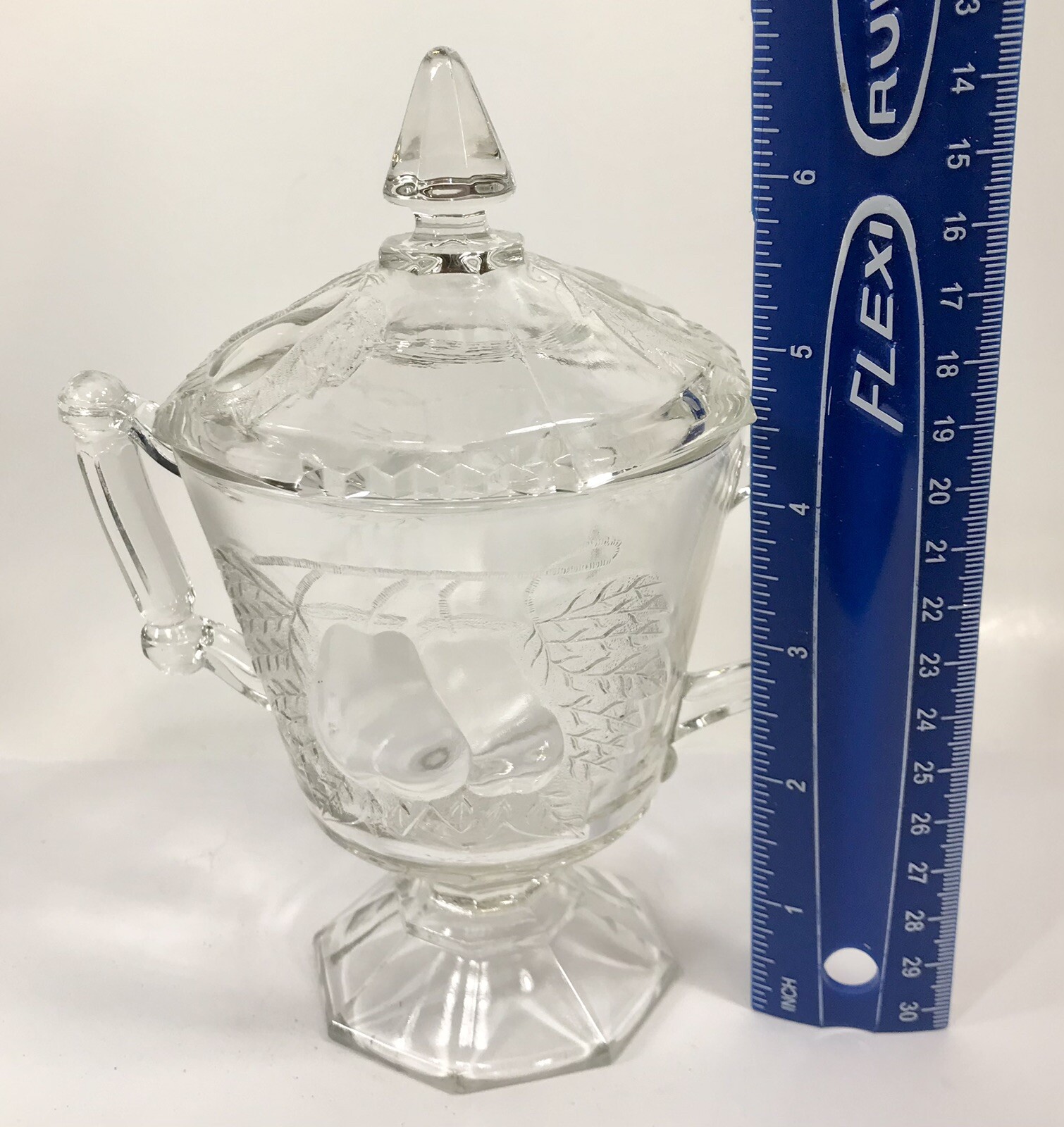 Jeannette Glass Baltimore Pear Clear Lidded Bowl W Handles Sugar Candy Vintg W30