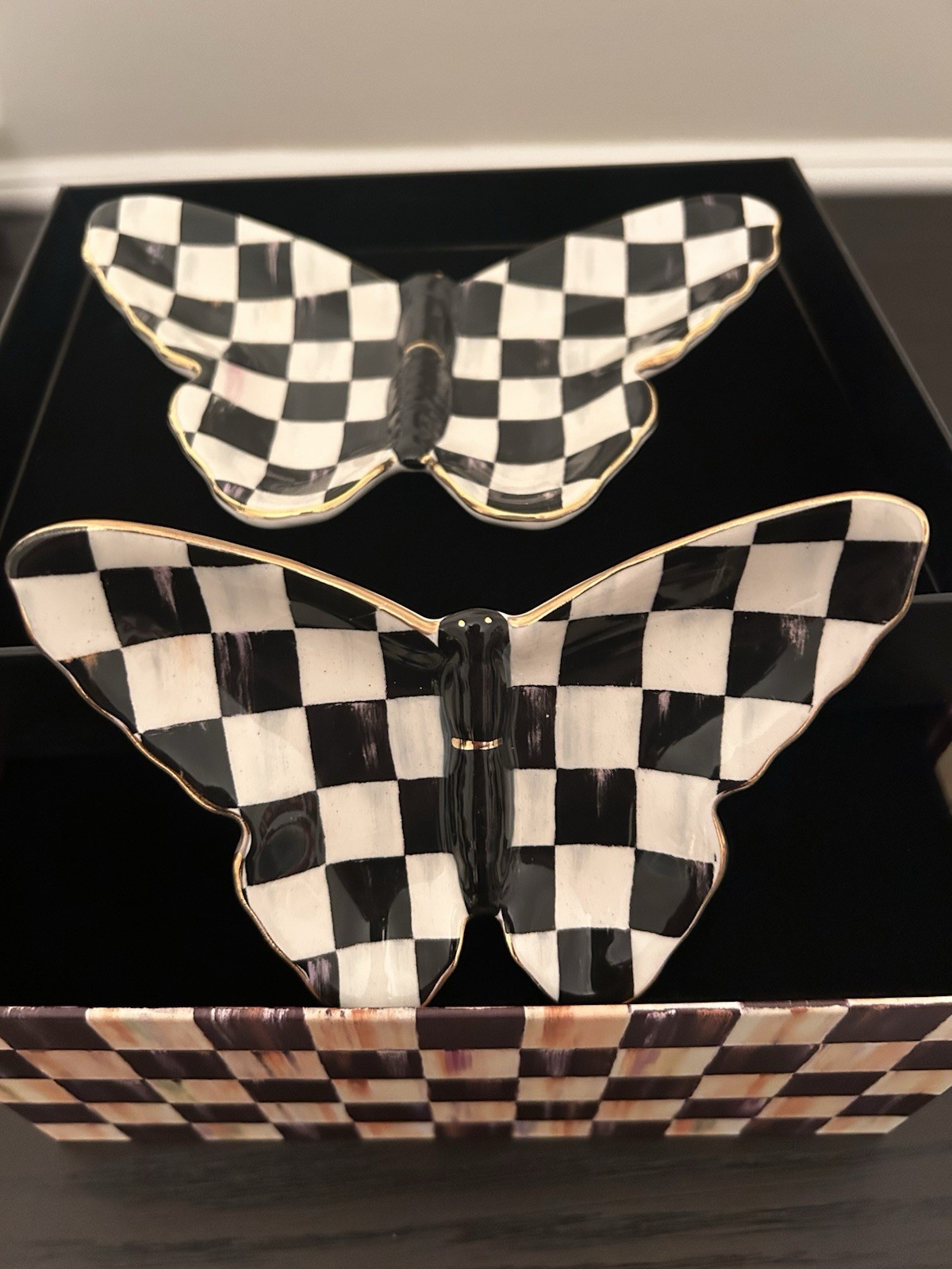 Mackenzie Childs Ceramic Hand Painted Courtly Butterfly Trinket Dishes Set Of 2