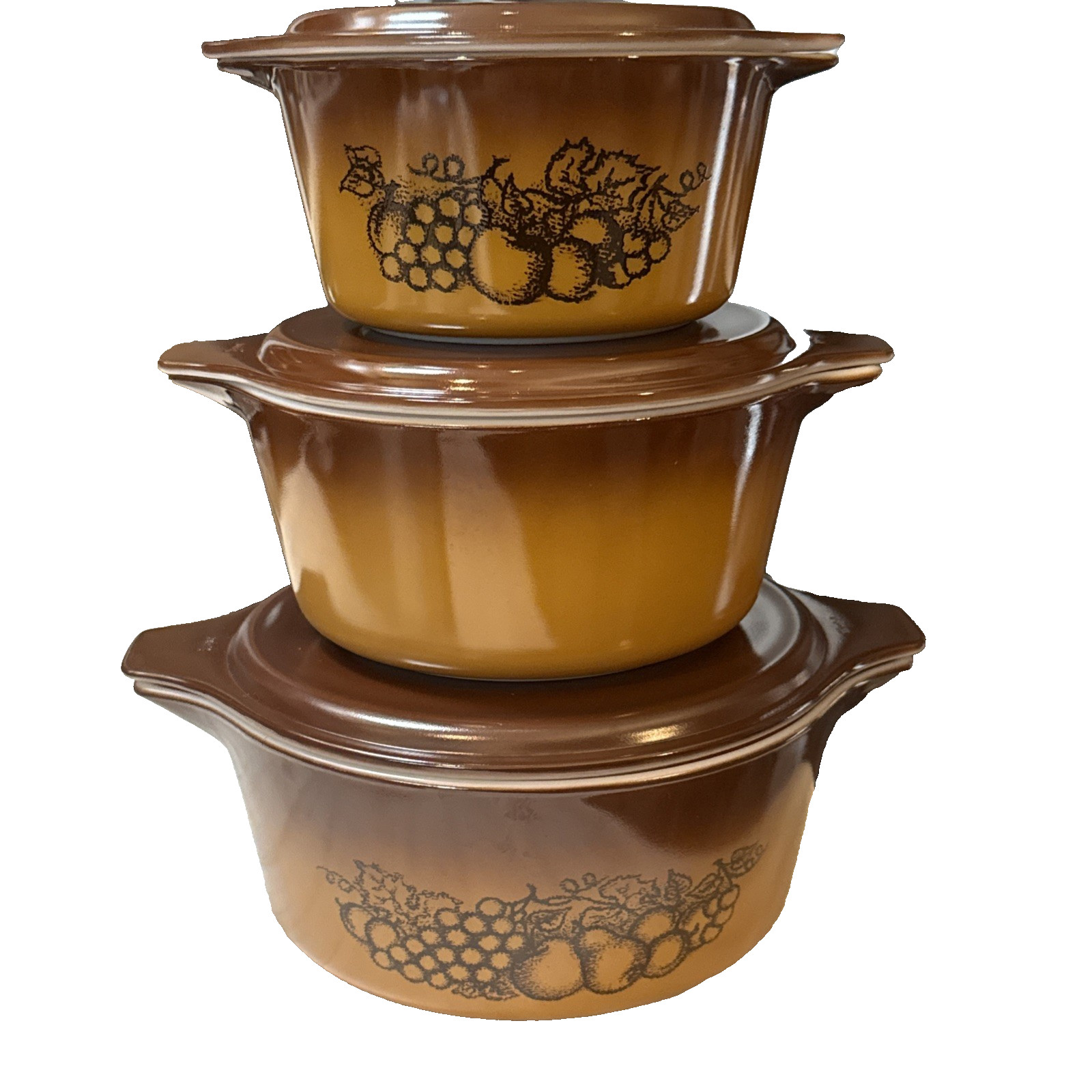 Lot of 3 Vintage Pyrex Old Orchard Brown Casserole Set with Lids 473, 474 475