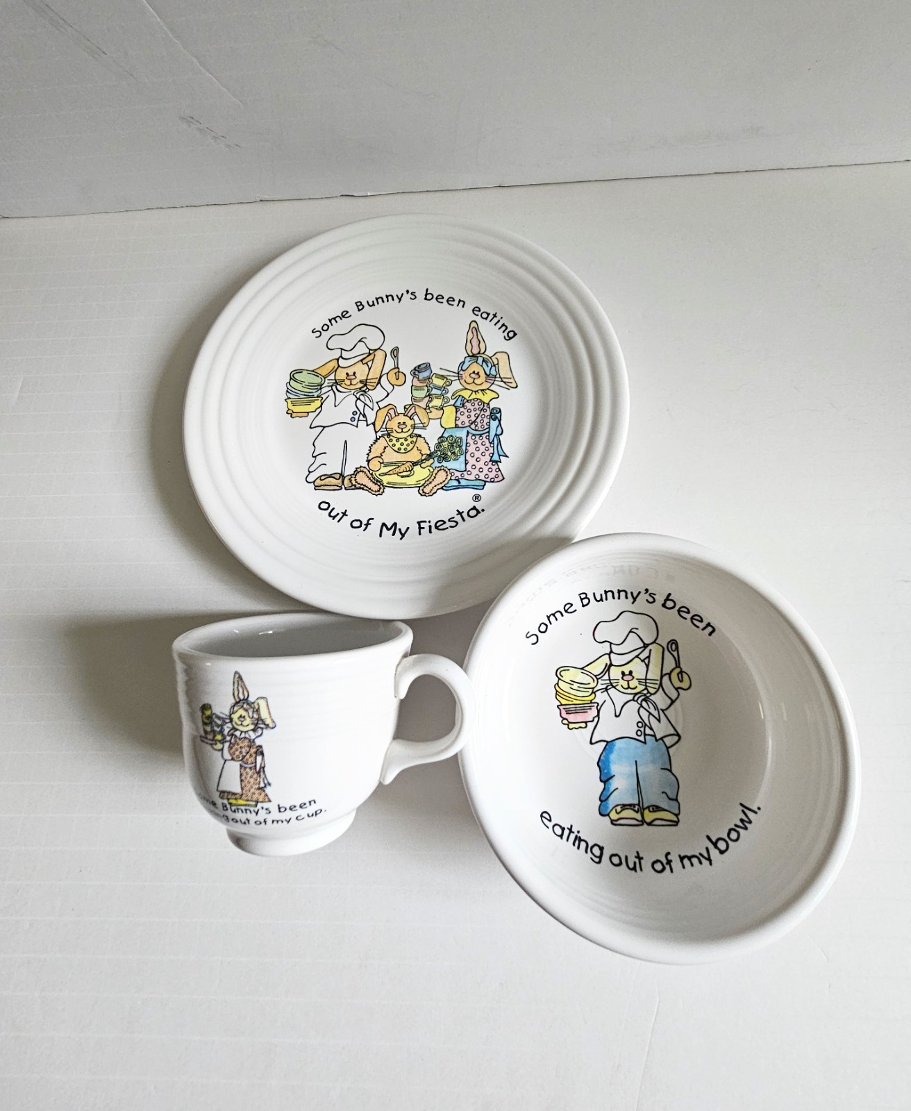 Fiesta Ware Child’s 3 Pc China Set Some Bunny’s Been Eating Out of my Fiesta