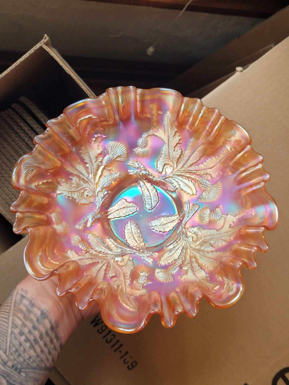 Pretty Fenton Marigold Carnival Glass Thistle Pattern 3 & 1 Edge Bowl