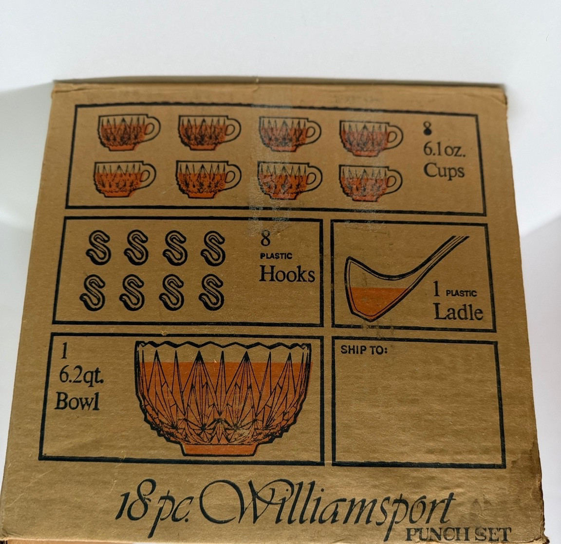 VTG Glass Punch Bowl Set Williamsport Prism Cut 18 Pieces Org Open Box Never Use