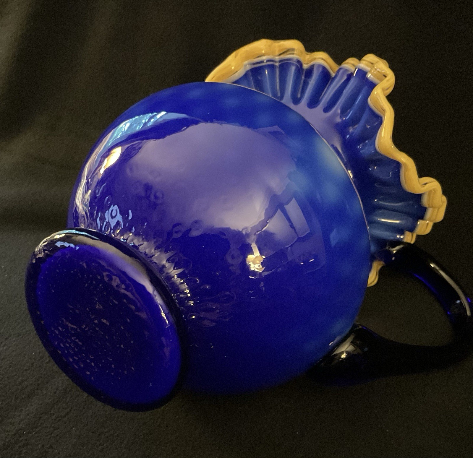 2 MCM Arte Murano Kristall Mery Cobalt Blue Pitcher W/Yellow Ruffled Rim 8.5
