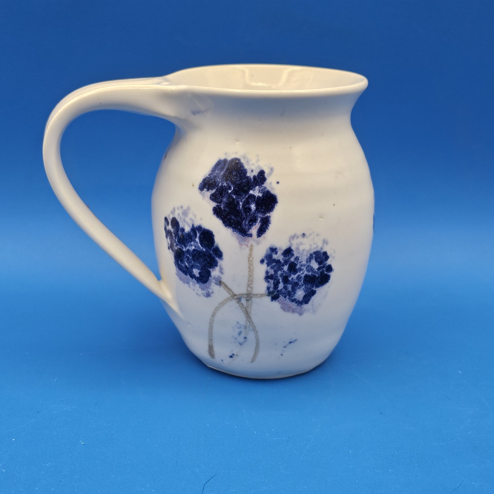 Up-Island Pottery Candy Shweder Creamer Pitcher Blue & White Hydrangea Handmade
