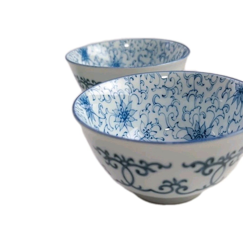 4 Yokohama Studio Japanese Porcelain Ramen Serving Bowl 5″ Blue/White Arabesque