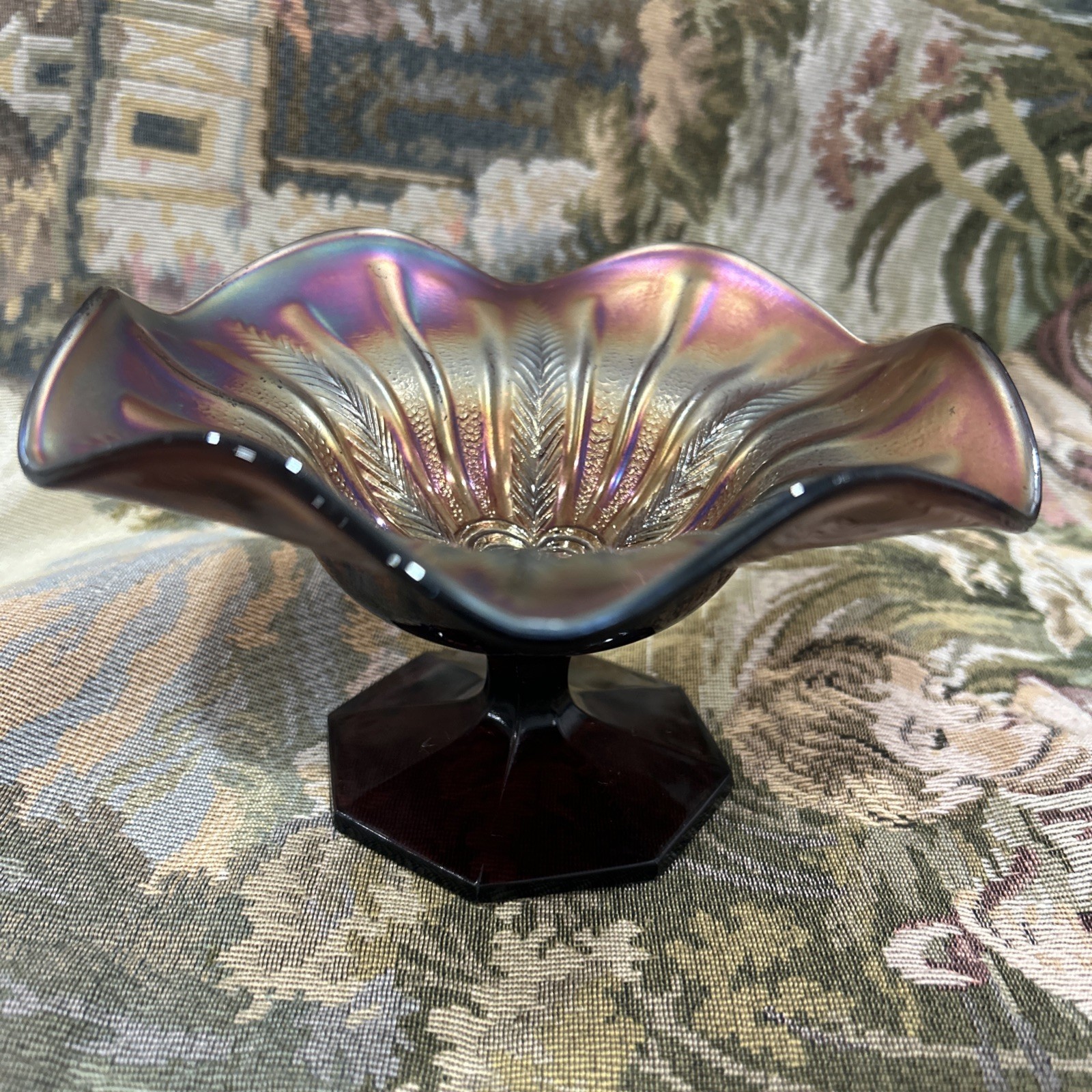 Vintage Fenton amethyst Carnival Glass Peacock Tail Pedestal Compote Candy Dish