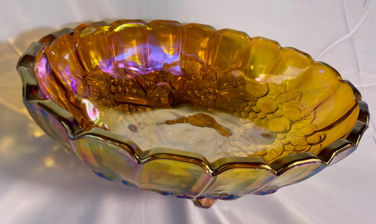 Vintage Carnival Glass Amber Iridescent Fruit Bowl 12” LG Footed Oval Indiana