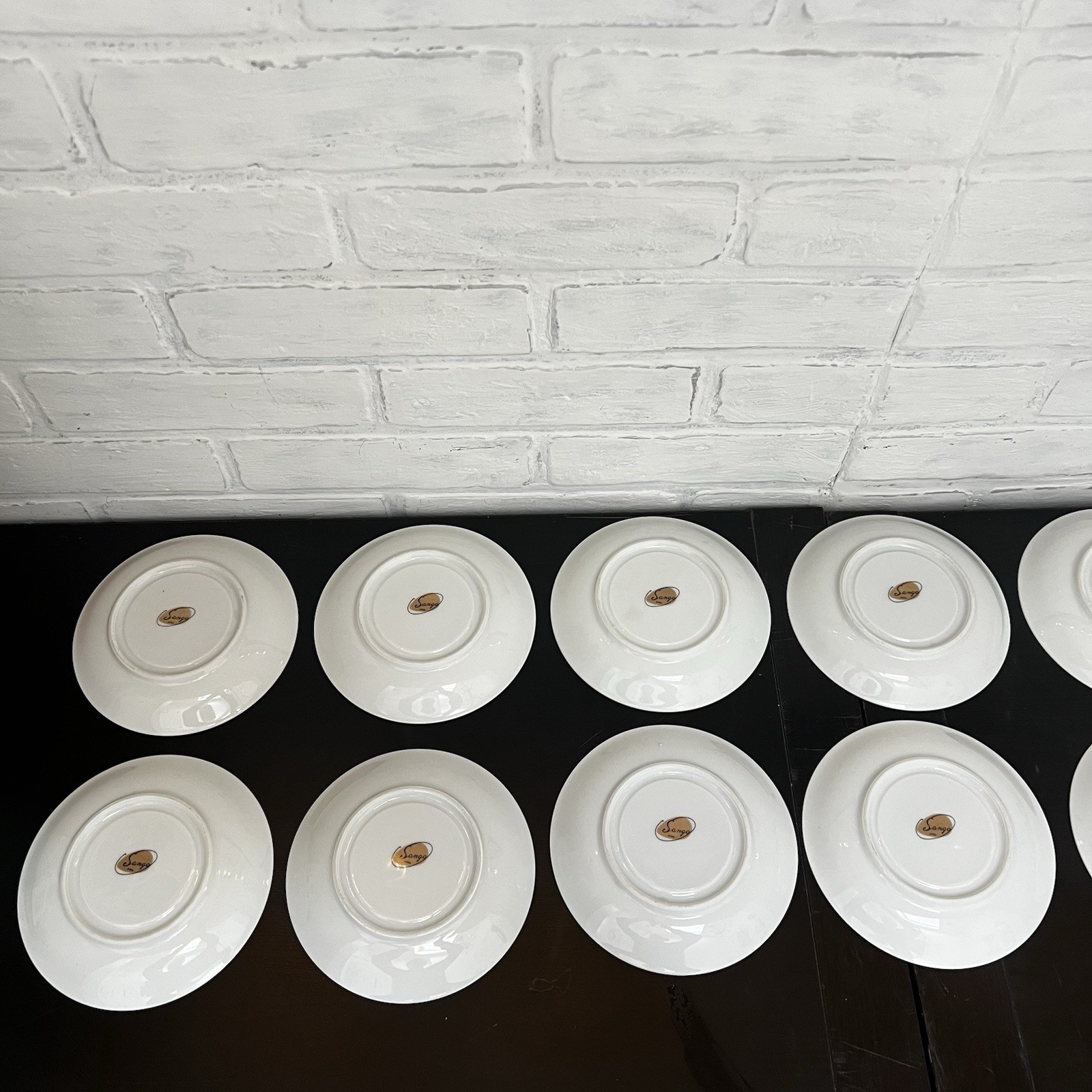 Vintage Sango Japan Sheffield Plates and Saucers Celadon Silver Rim- 22 Pc Lot