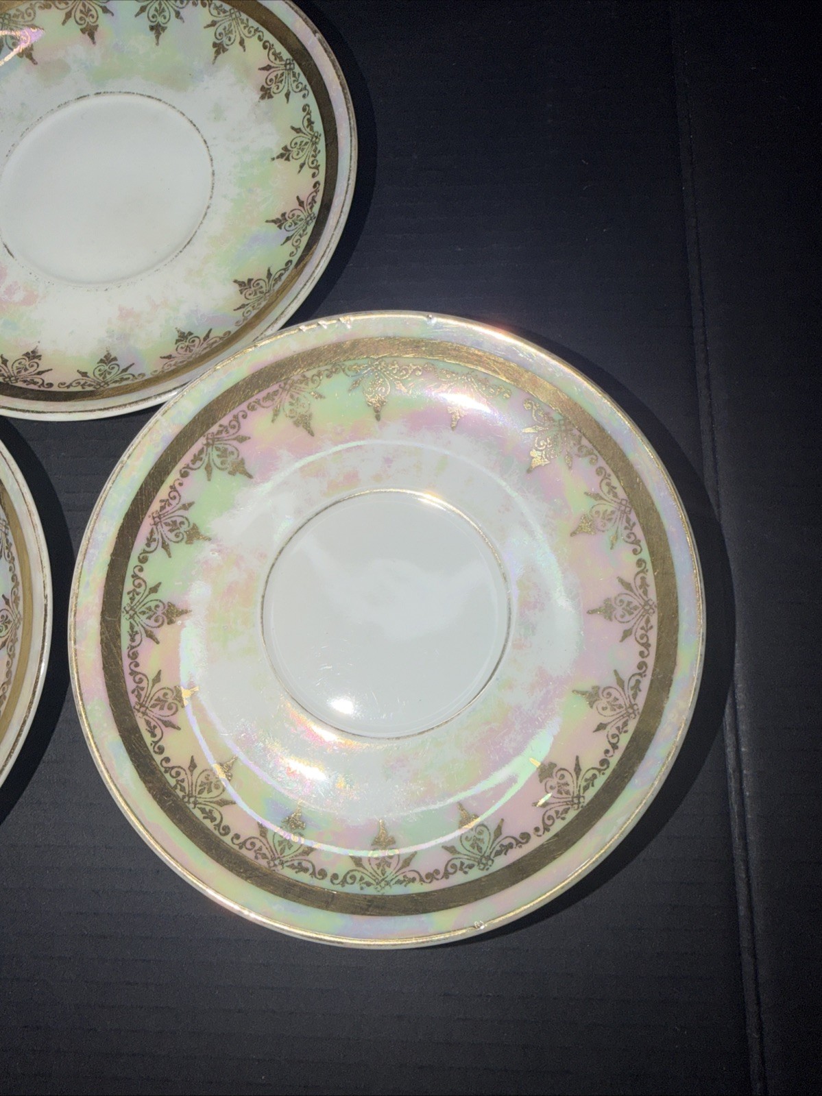 Vintage Bohemia Czech Lustreware Saucers Gold Trim Set Czechoslovakia