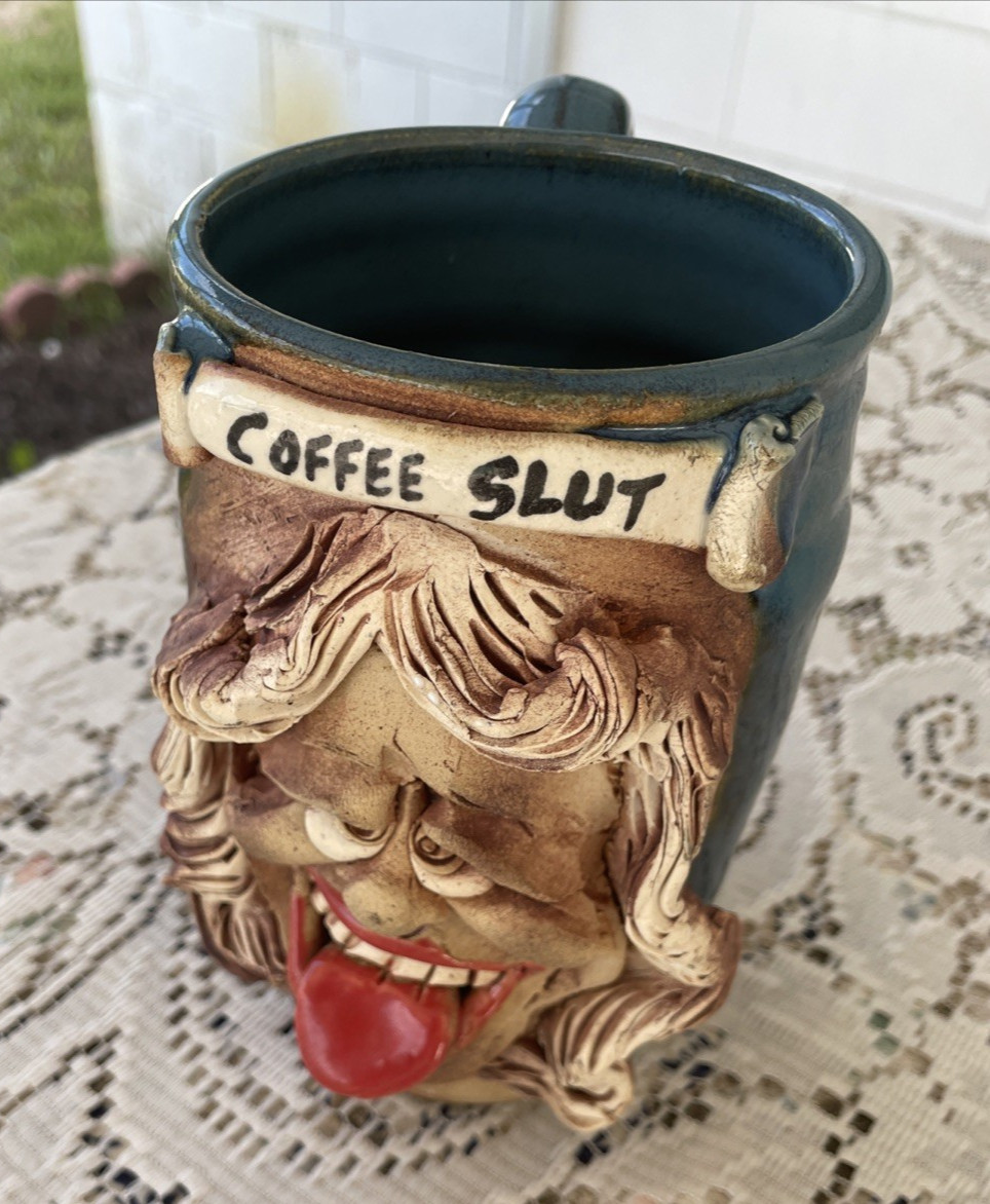 VTG Jac Genovese Coffee Slut Funny Stoneware Face Pottery Mug Signed Large 6 in