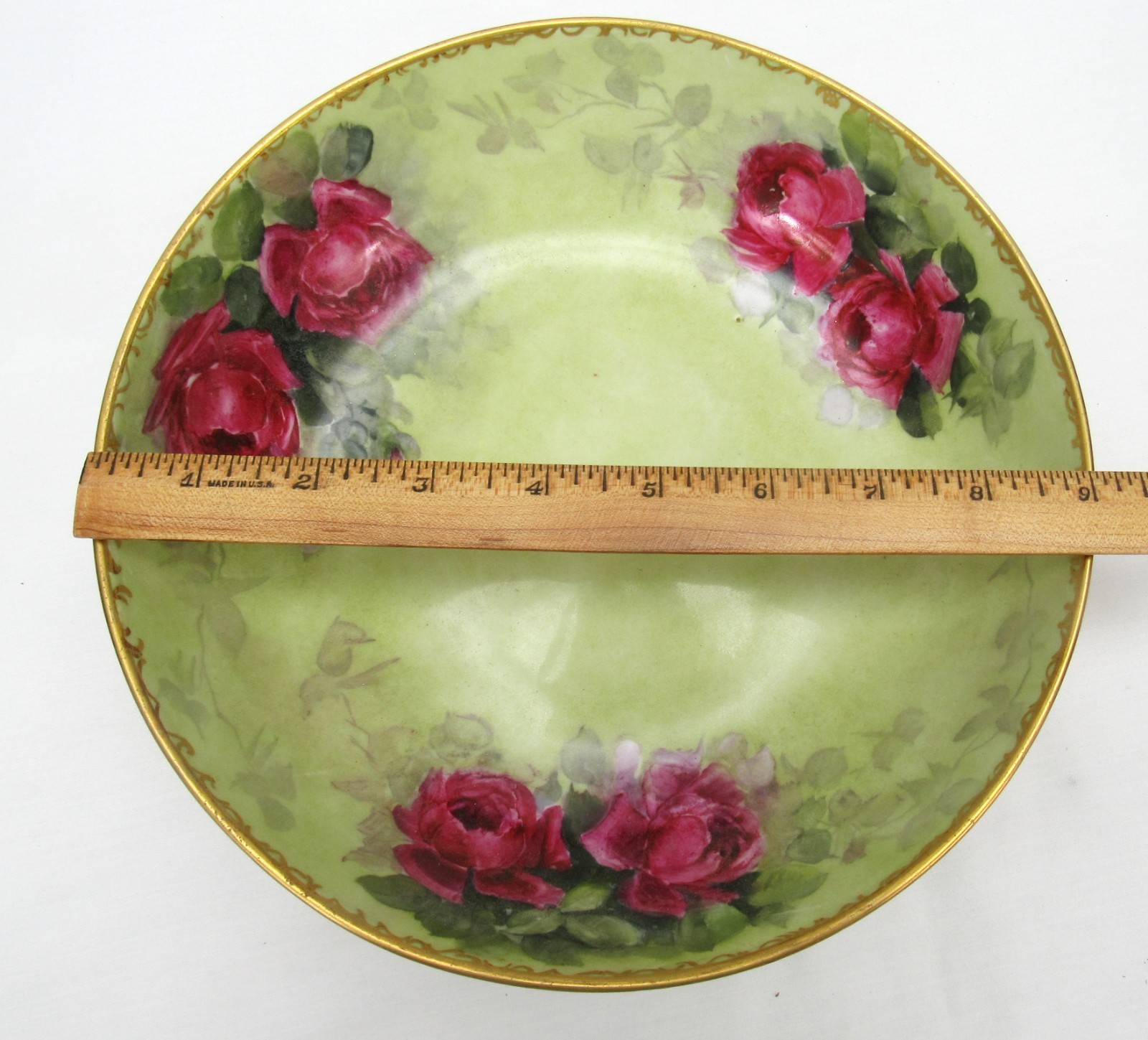 Antique Hand Painted tri Footed Bowl red roses with orated Gold Trim 9″