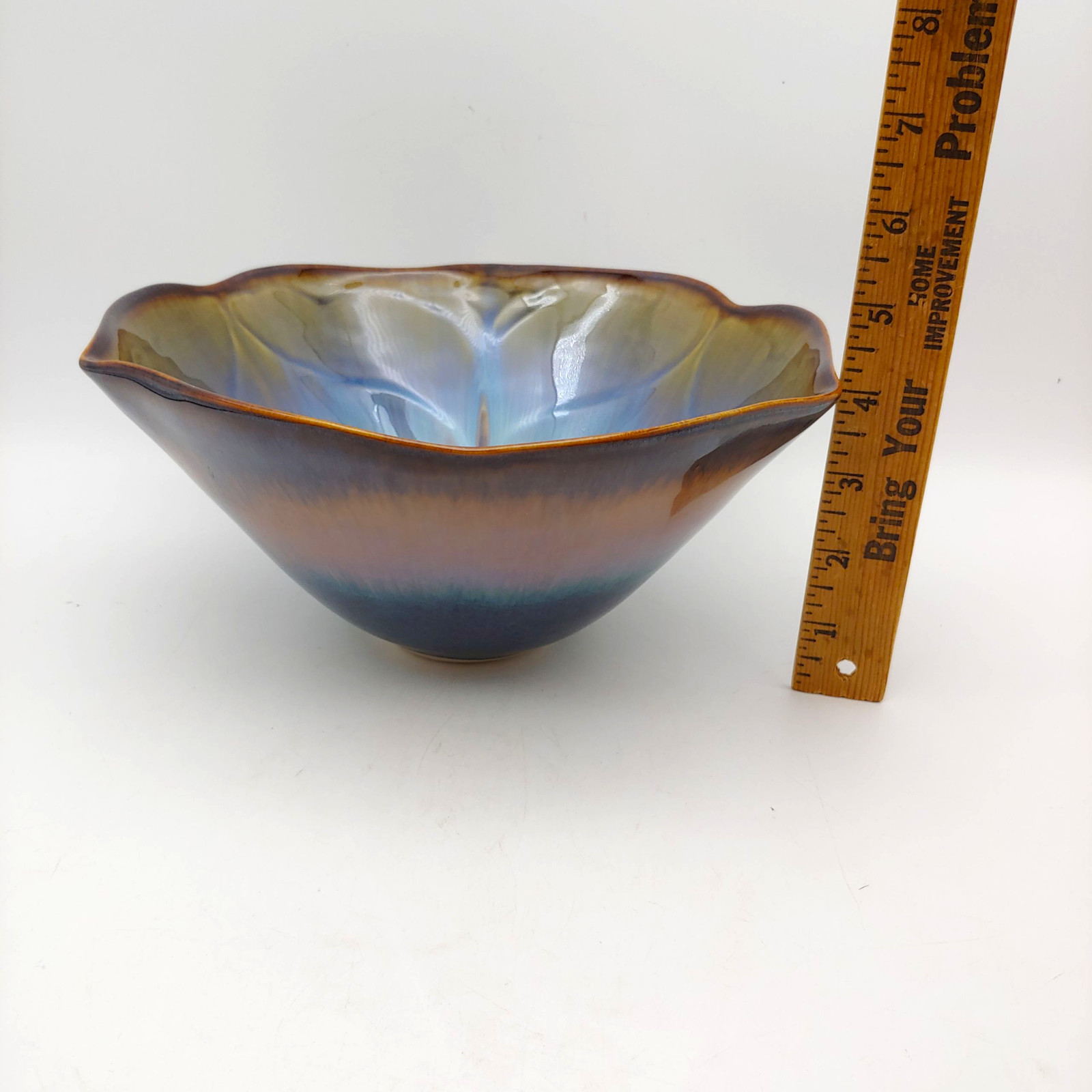 Bill Campbell Studio Pottery Lotus Bowl – 9″ Large Blue Brown Drip Glaze Signed