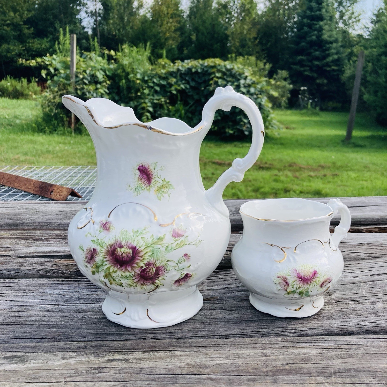 Antique Burford Bros RCO Thistle Hand Painted Embossed Pitcher & Shaving Mug