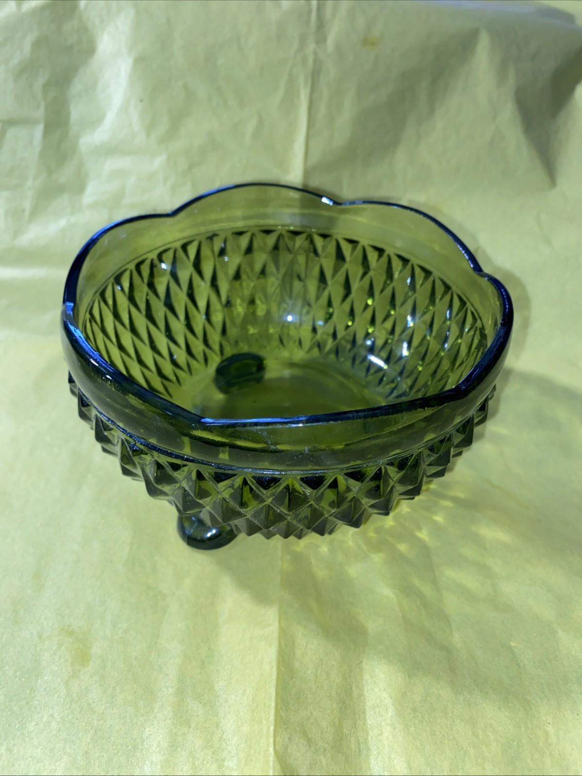Vintage Indiana Glass 3 footed diamond point 5” Candy Dish Home Decor