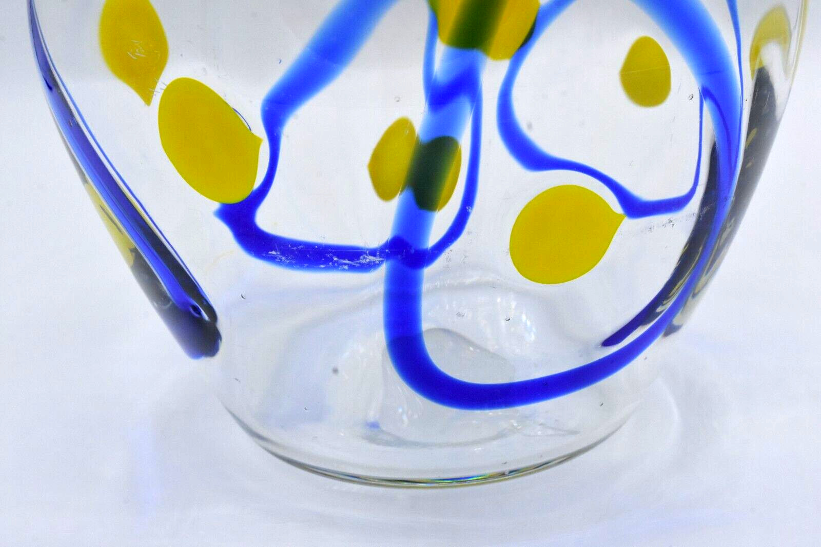 Hand Blown Art Glass Vase Clear with Cobalt Blue Swirls Yellow Spots Mexico?