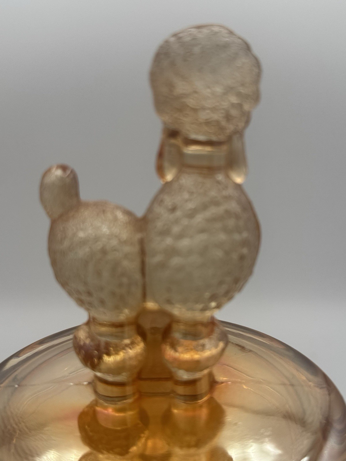 Vtg Jeannette Marigold Carnival Glass Powder Jar Set – Poodle/Deer/Terrier Lids