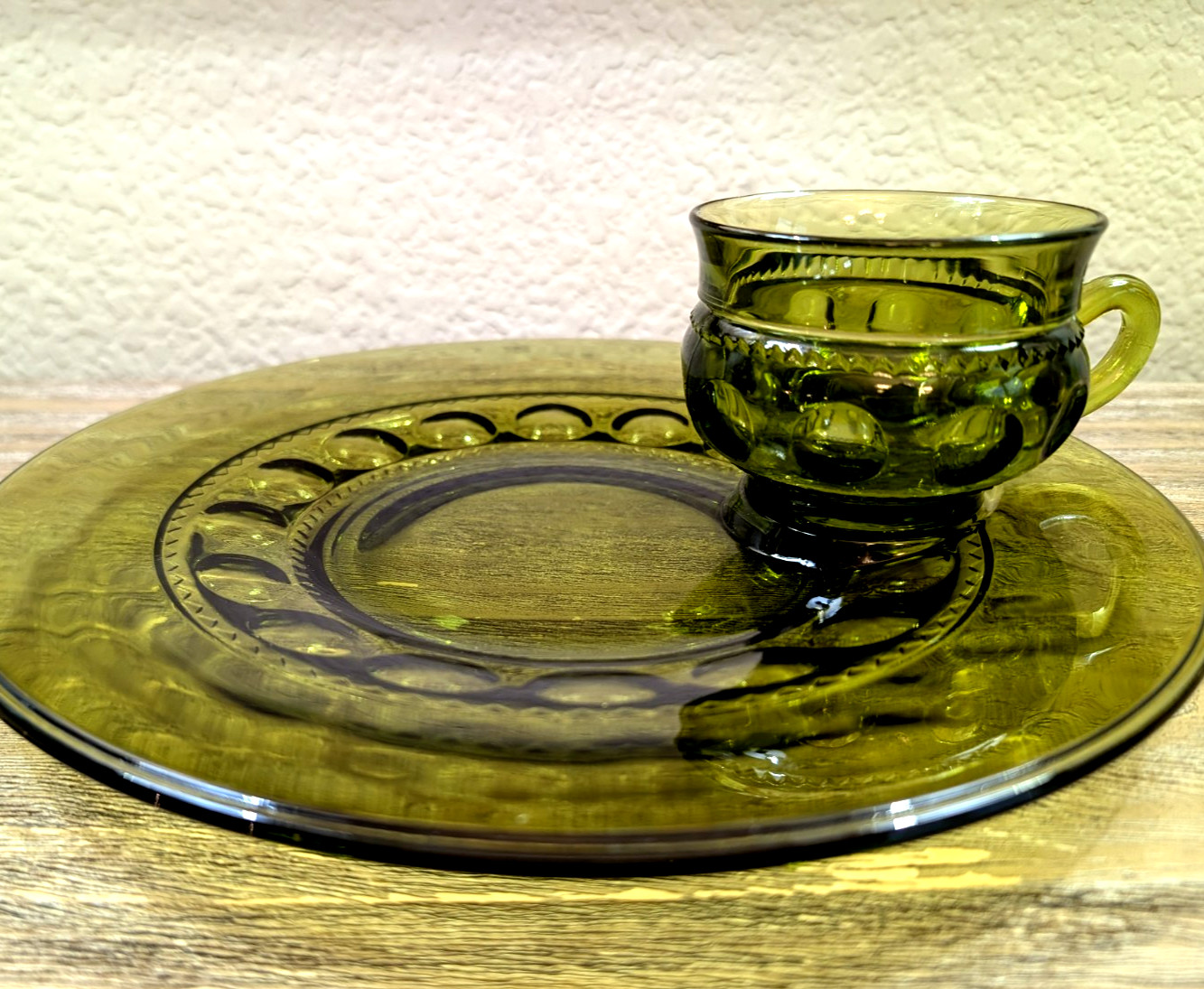 Vintage Olive Green Glass Snack Set Plates Cups Thumbprint Luncheon Set of 3