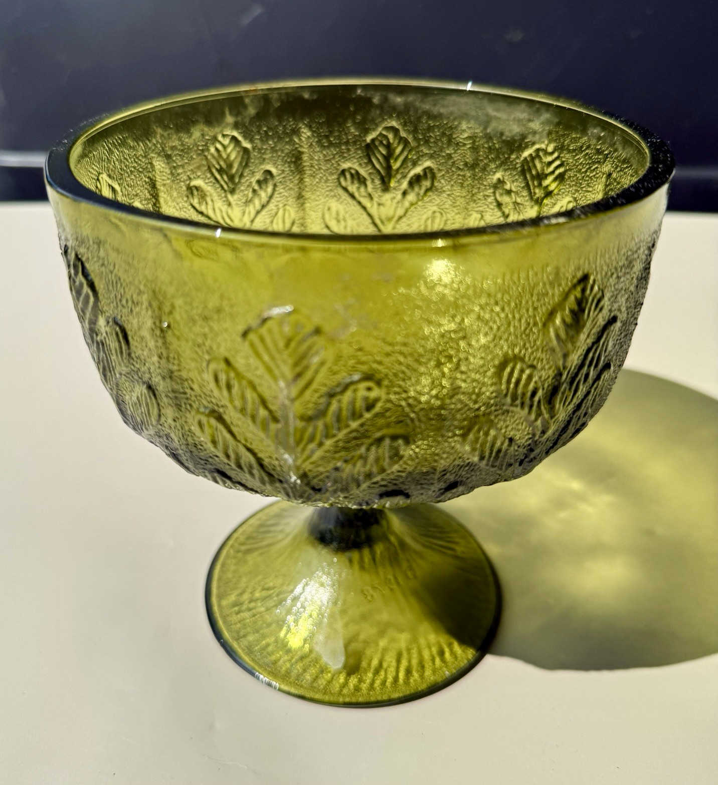 Vintage FTD Green Pressed Glass Pedestal Compote Bowl Leaf Pattern Round