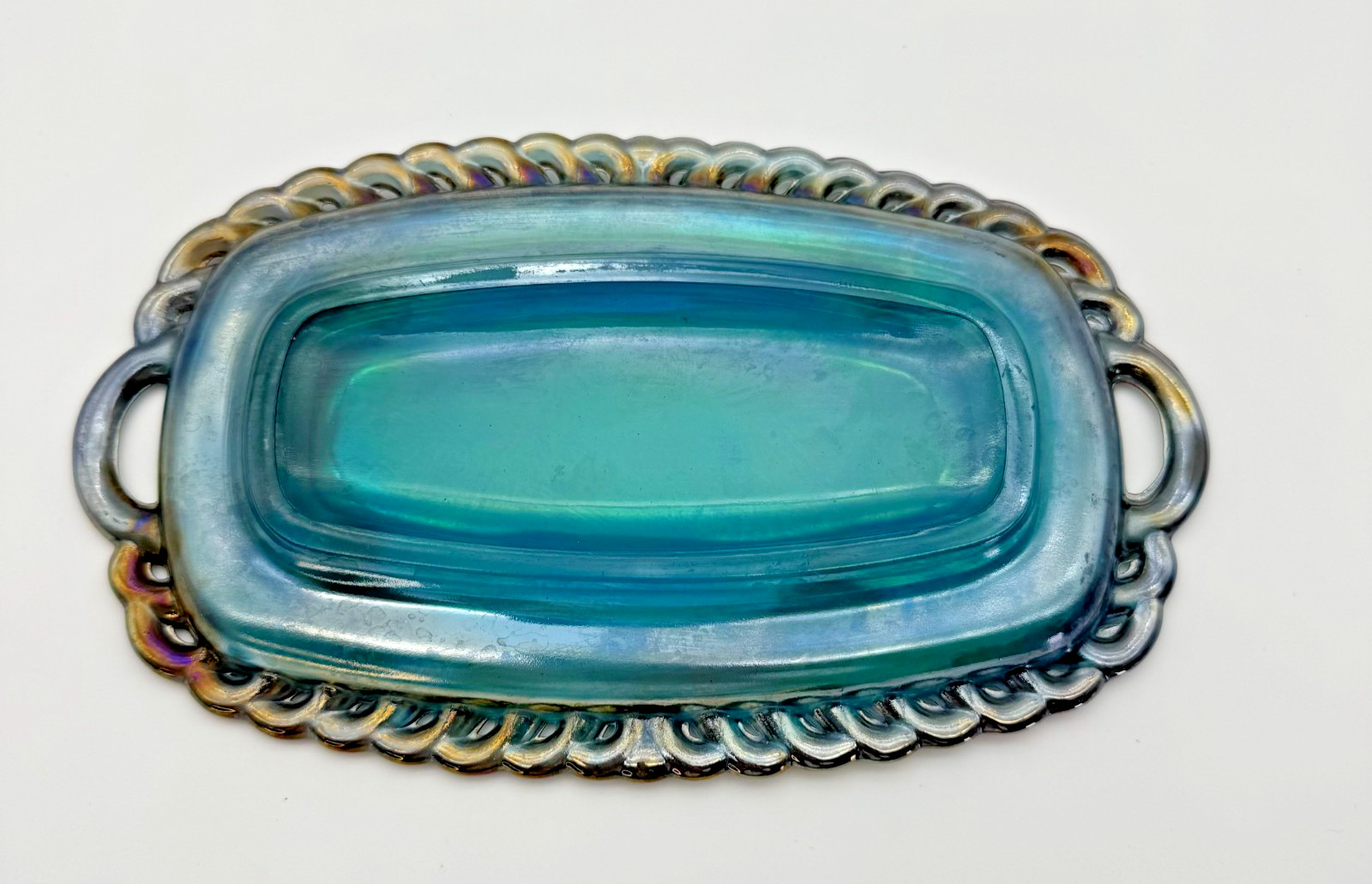Vintage Indiana Iridescent Blue Carnival Glass Trinket Dish/Tray Harvest Grape