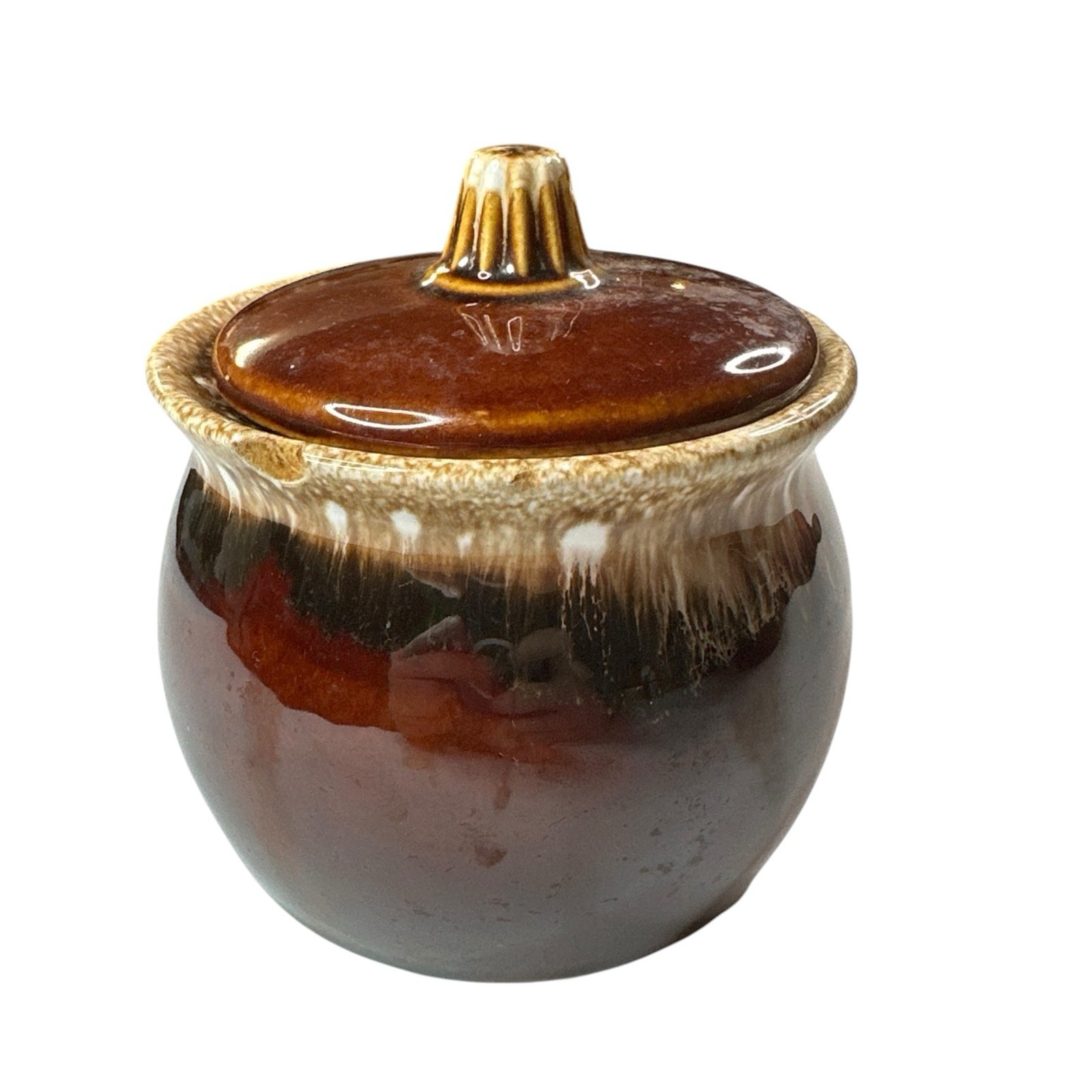 Vintage Hull Pottery Brown Drip Glaze Sugar Bowl Lid Pot Oven Proof USA Rustic