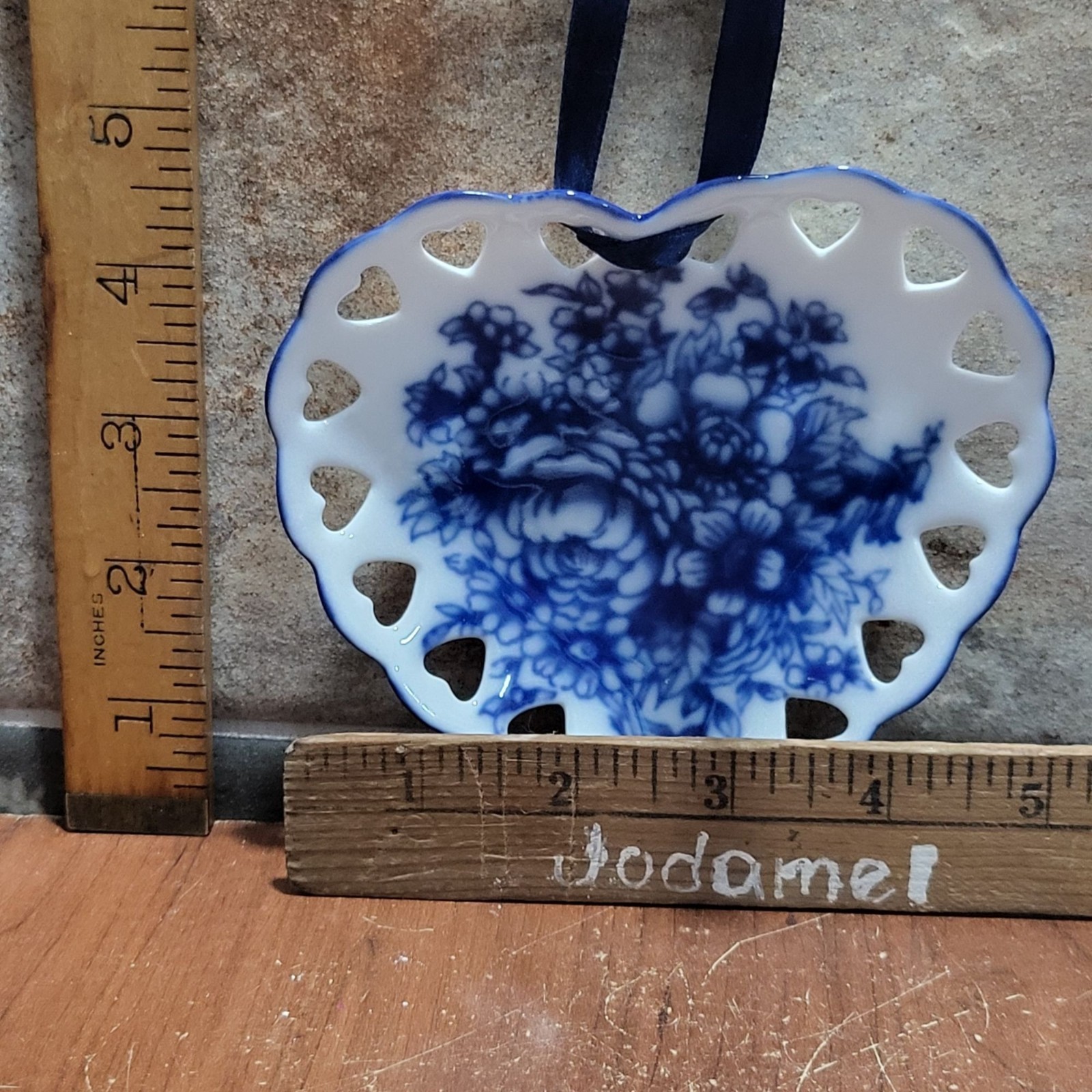 VTG Heart Decorative Plate Blue Floral White Porcelain Pierced Lattice Border