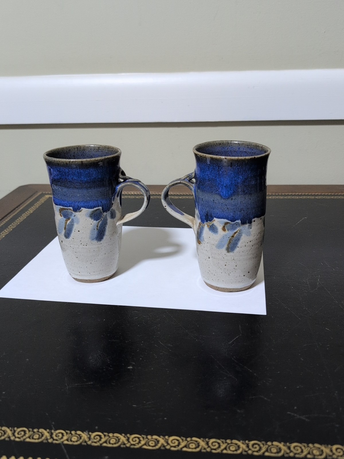 Studio Art Pottery Mugs Blue,Tan, Gray, Signed 1986 Glazed! Lot Of 2