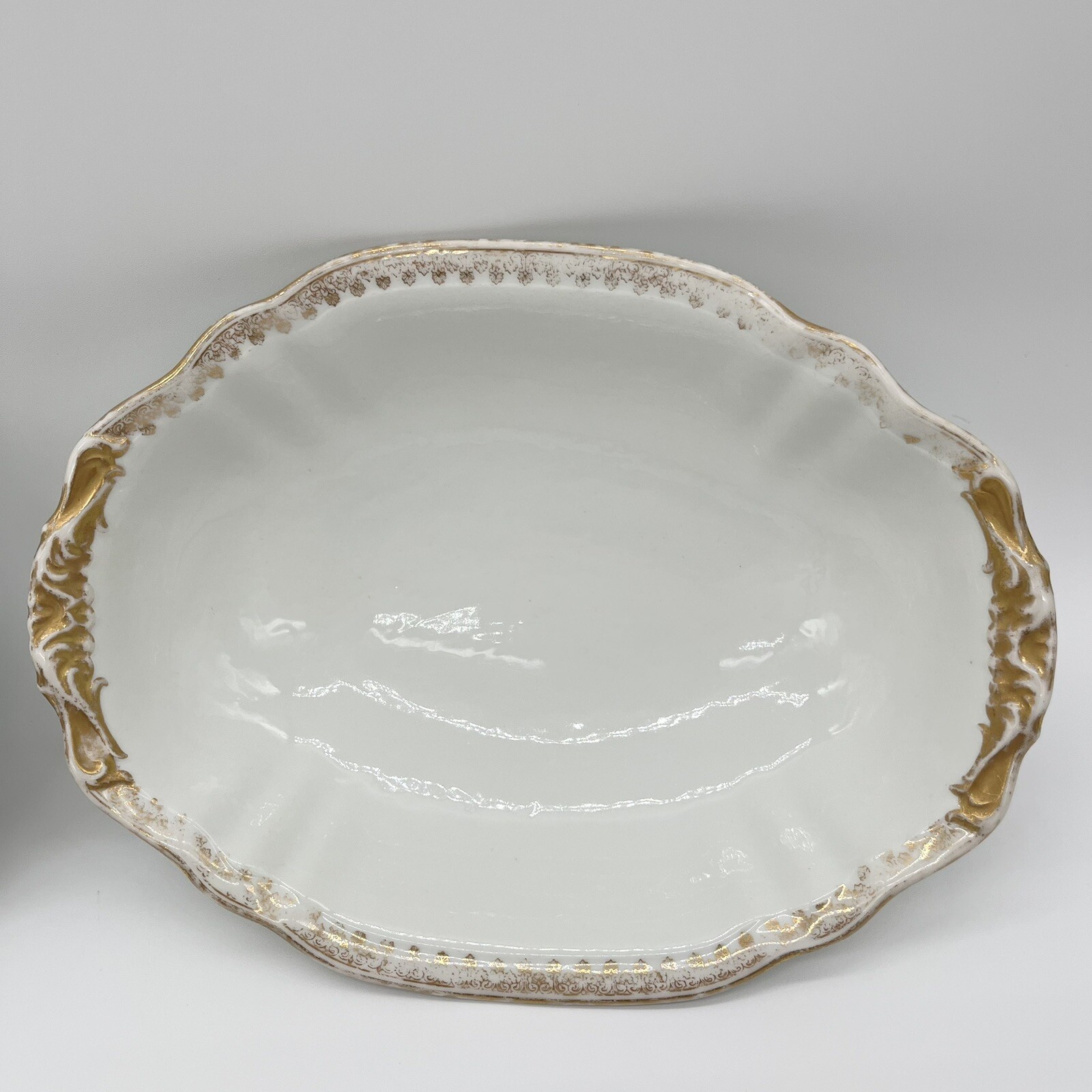 TWO Gorgeous White with Gold Trim T&V France Oval Serving Bowls 10” x 7.75”