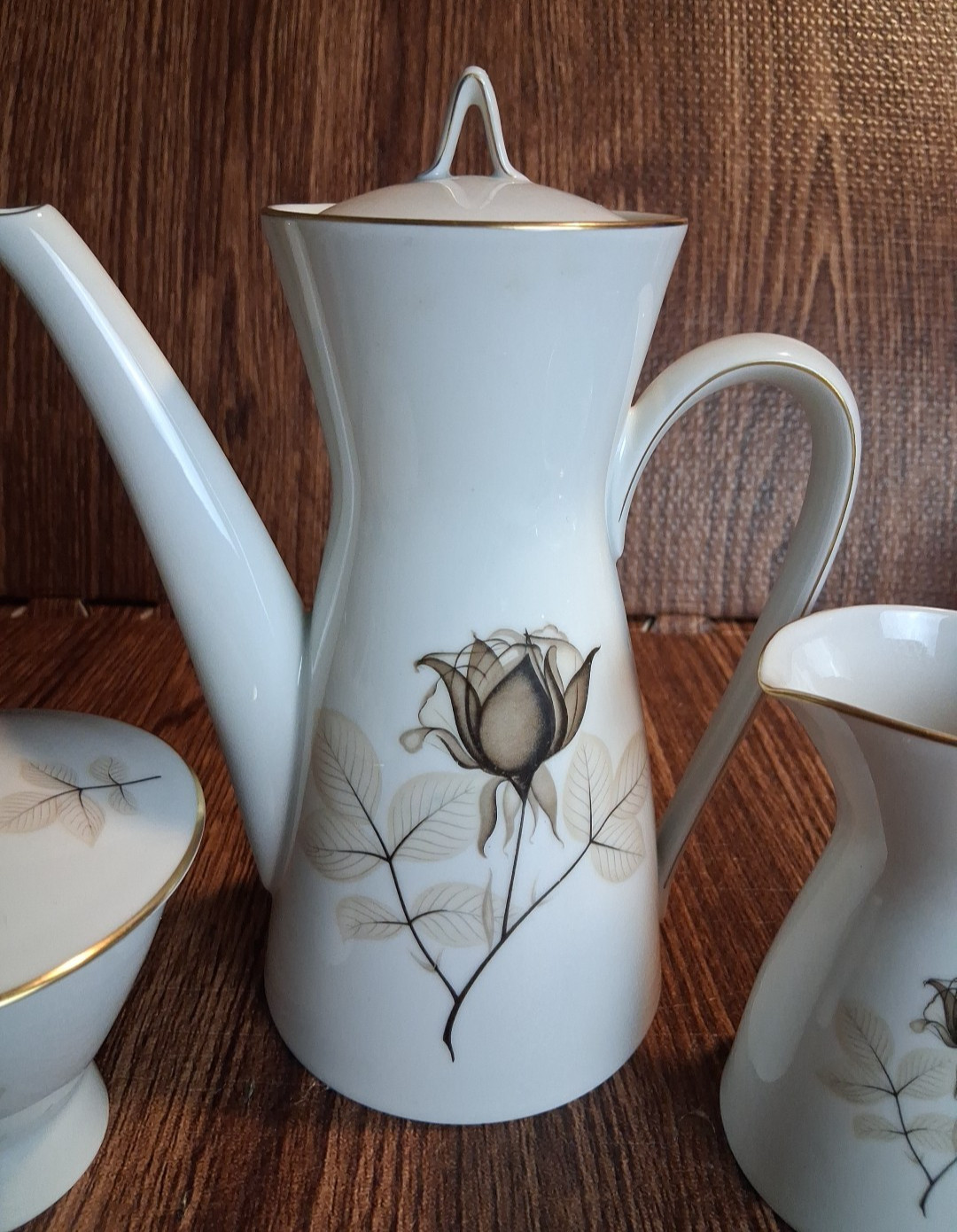 Rosenthal Porcelain Set Teapot Tea Pot Creamer Sugar Bowl Shadow Rose Vintage