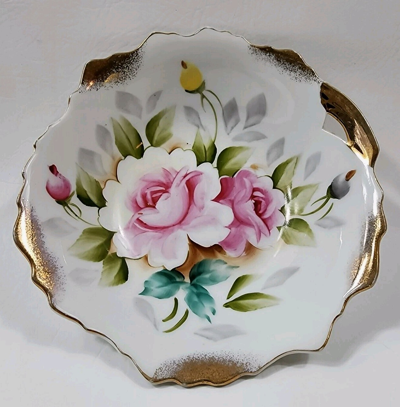Vintage Lipper And Mann Japan Pink Rose Floral Gold Foiled Trinket Bowl 7″
