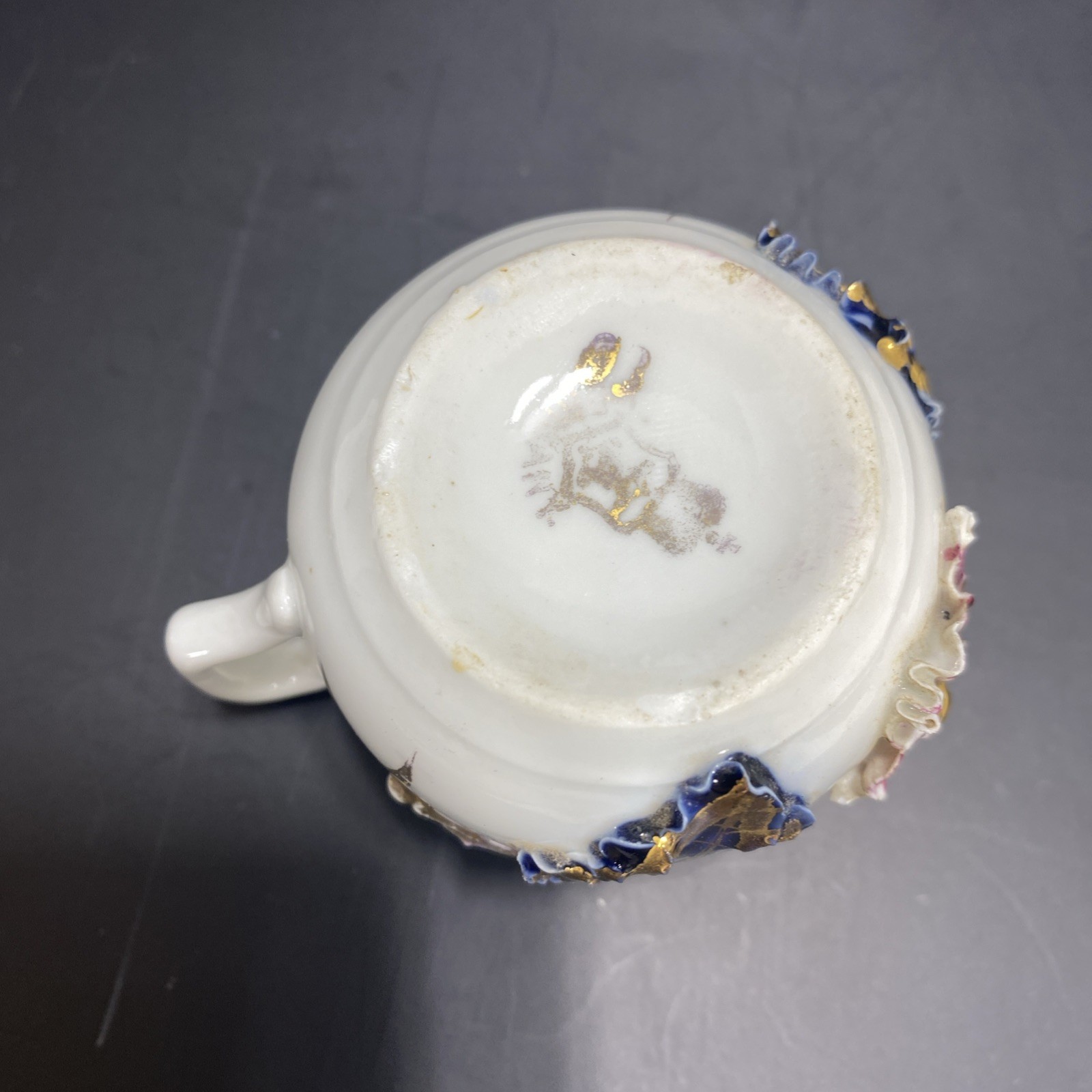 Antique Germany cobalt blue white gold rust Demitasse Cup applied Flowers Leaves