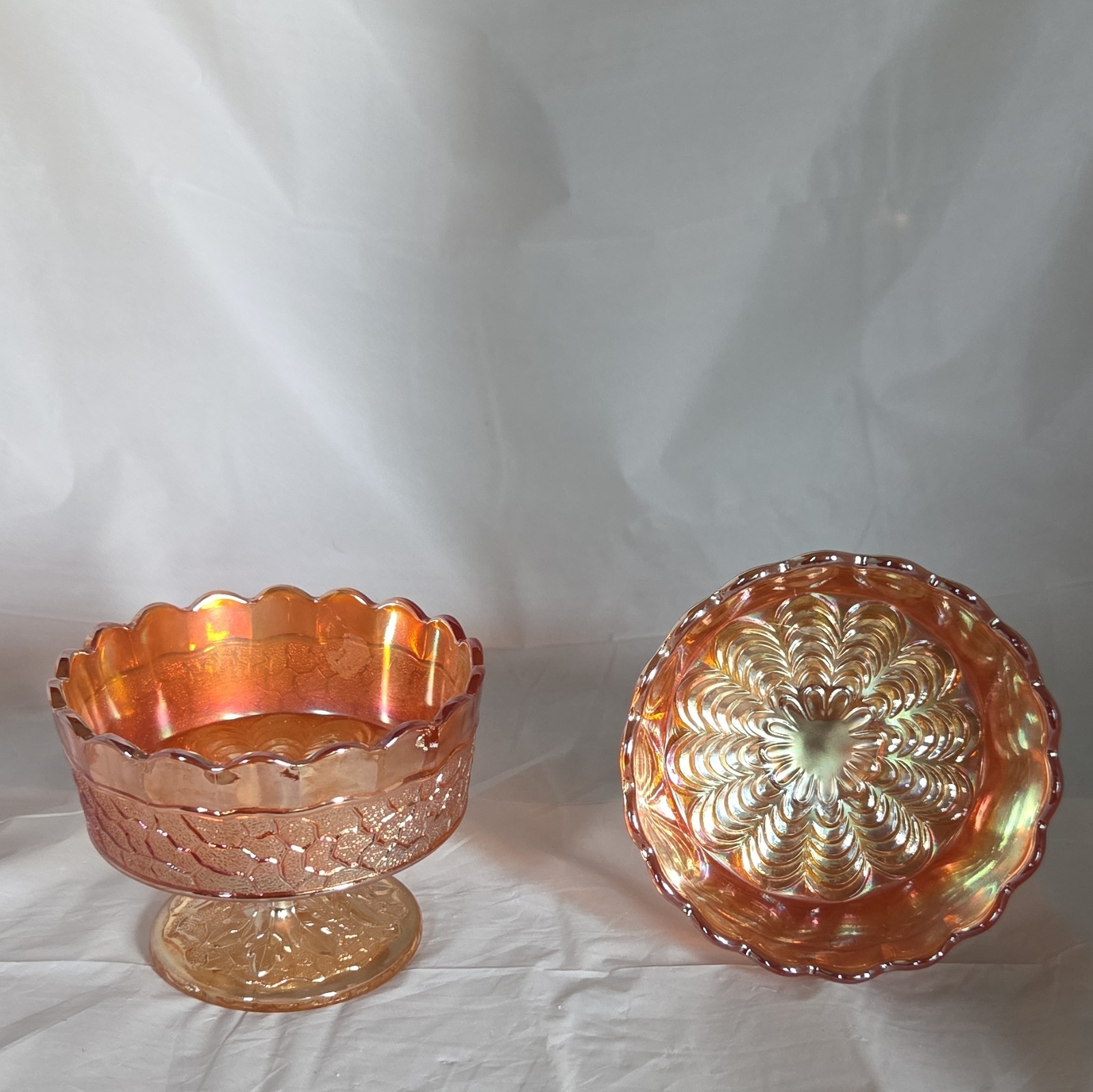 Marigold Iridescent Carnival Glass Floral Pedestal Compote Bowl Round