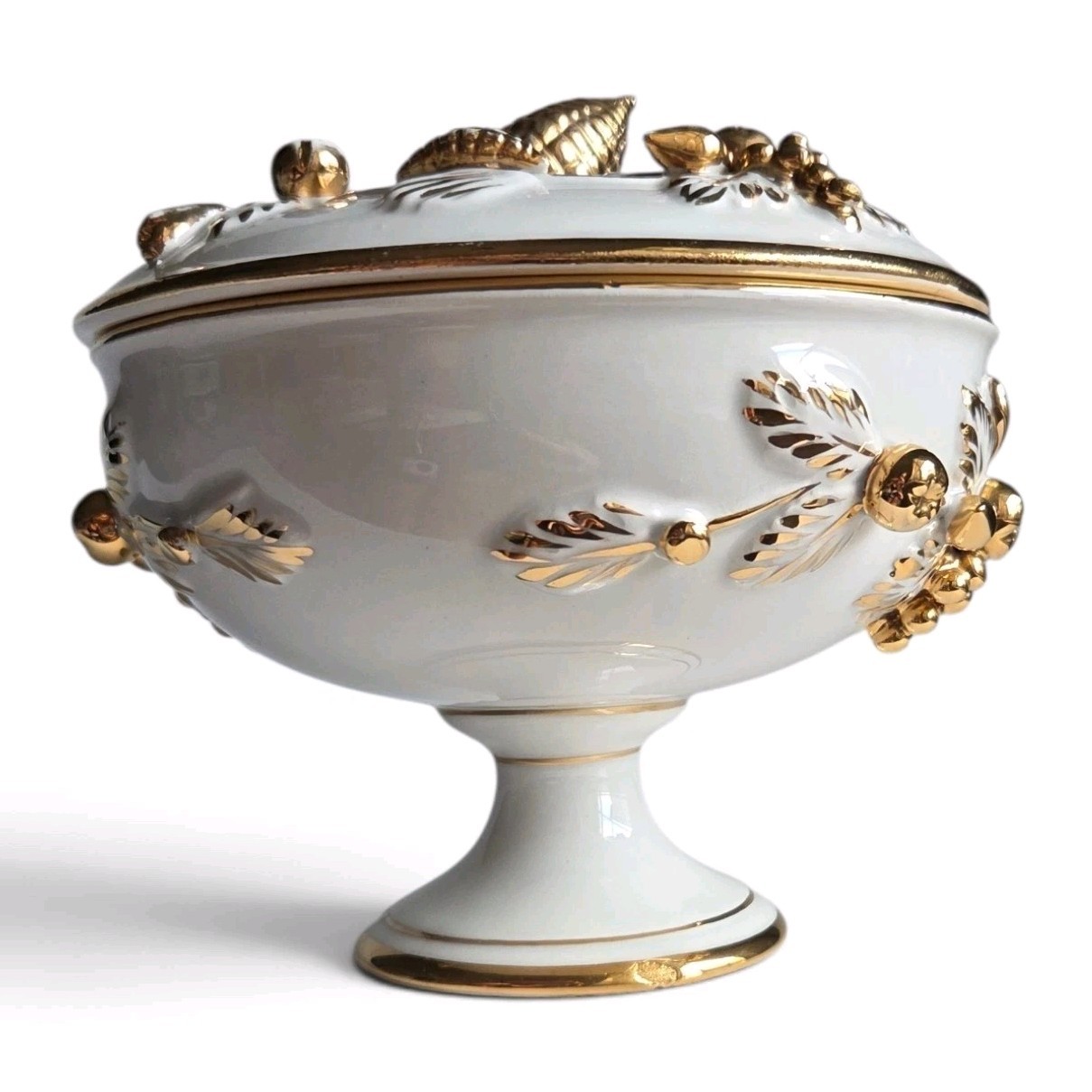 VTG Italian Covered Pedestal Candy Dish Gold Gilt Grapes KBNY Style 2309 Italy