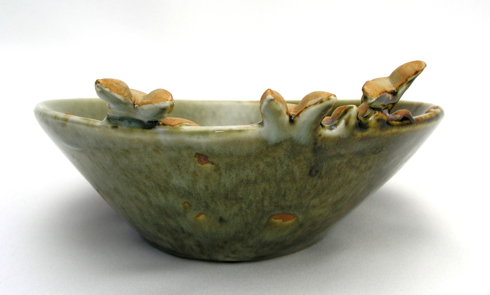 GLAZED POTTERY BOWL w/ FOUR BUNNY DESIGN – GREEN w/ LT BROWN RABBITS FOR EASTER