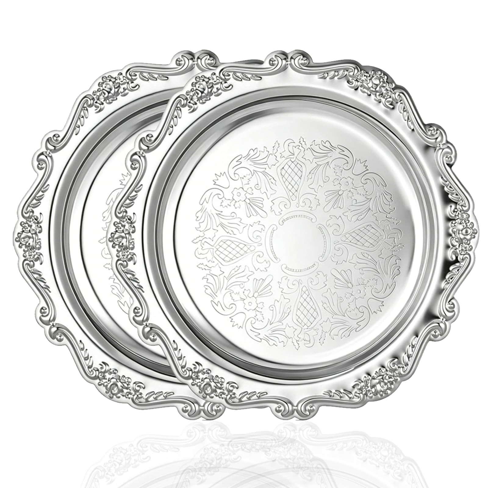 2PCS Silver Round Serving Trays for Party,Floral Engraved Serving Platters Vi…