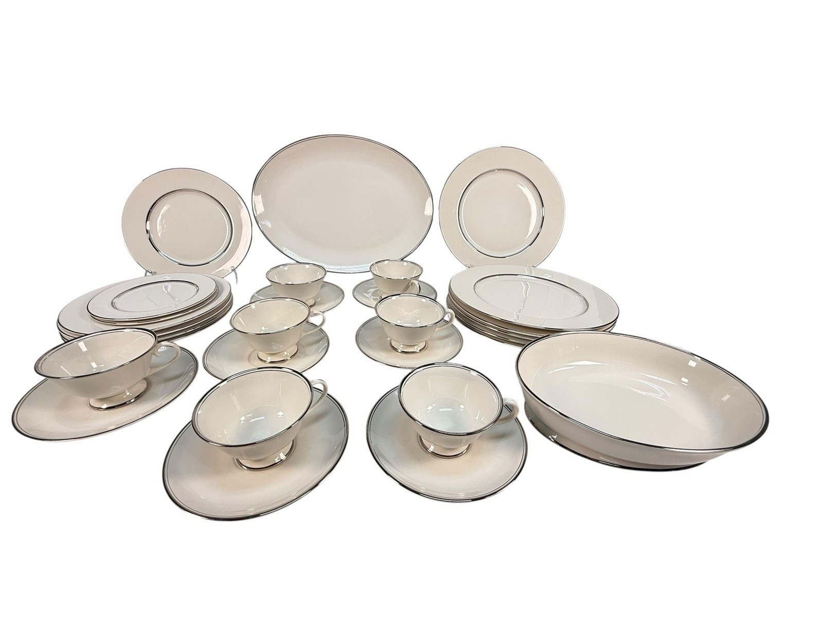 Vintage Flintridge China Mirador Bon-Lite Platinum Trim Dinnerware Set 29pc MCM
