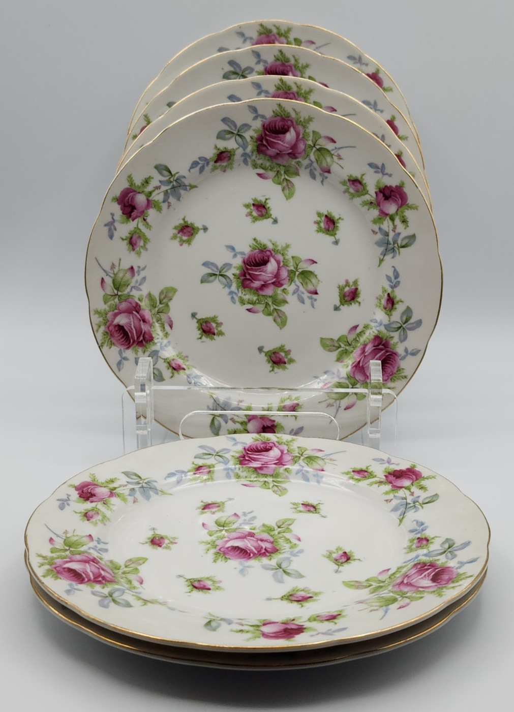 Lefton Elegant Rose Hand Painted Salad Plates ca 8 1/4″ Diameter Set of 6