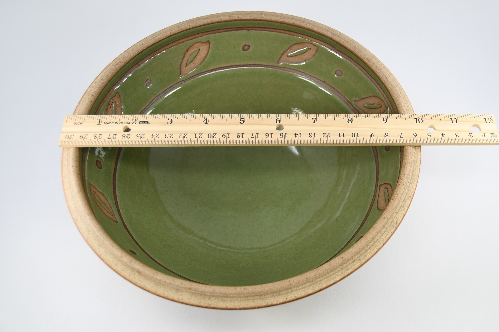 VTG Brieger Studio Art Pottery Serving Display Bowl Incised Leaf Green Natural