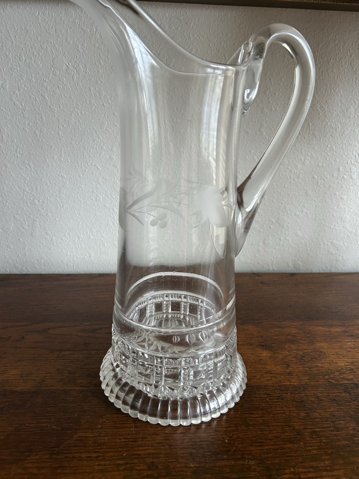 Ring and Block Etched Gray Cut Antique Glass Pitcher Elegant Fine Dining