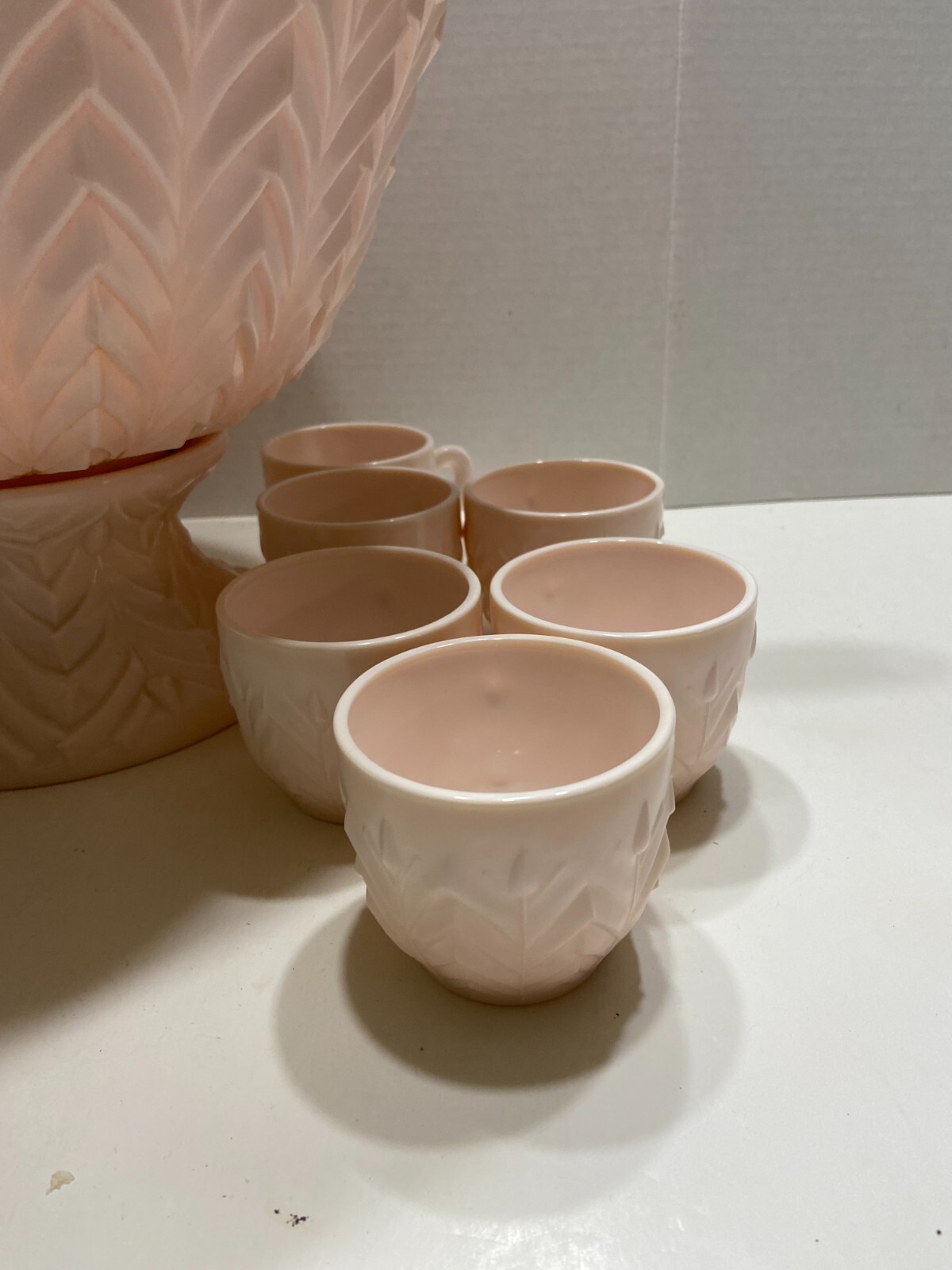 Jeannette Shell Pink Milk Glass Punch Bowl Set with Base and 12 cups Vtg 1950’s
