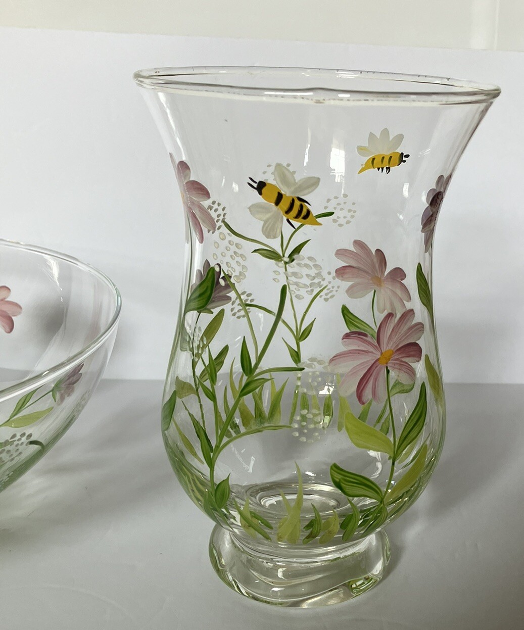 Hand Blown And Painted 9 Inch Glass Bowl And 6.5” Vase Floral And Bees
