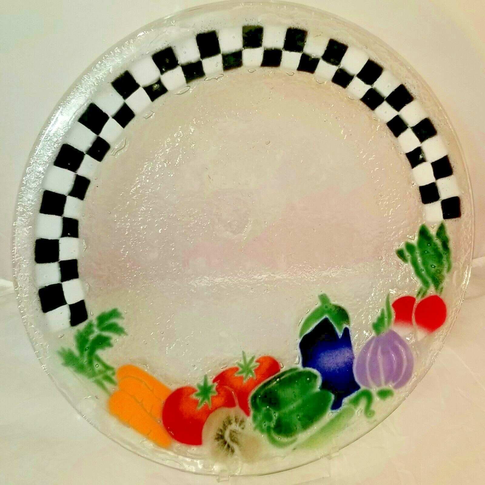 VTG PEGGY KARR HARVEST VEGGIES FUSED STUDIO ART GLASS COLORFUL PLATE PKG USA