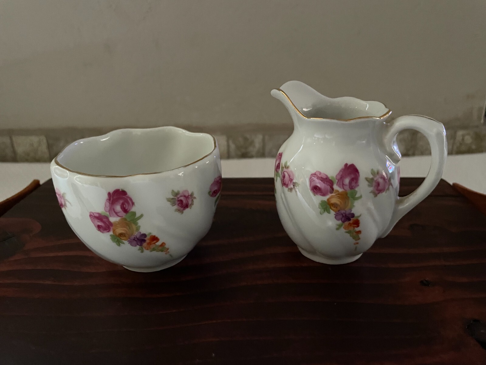 Schumann Bavaria Germany US Zone Open Sugar & Creamer Roses Floral Gold Trim