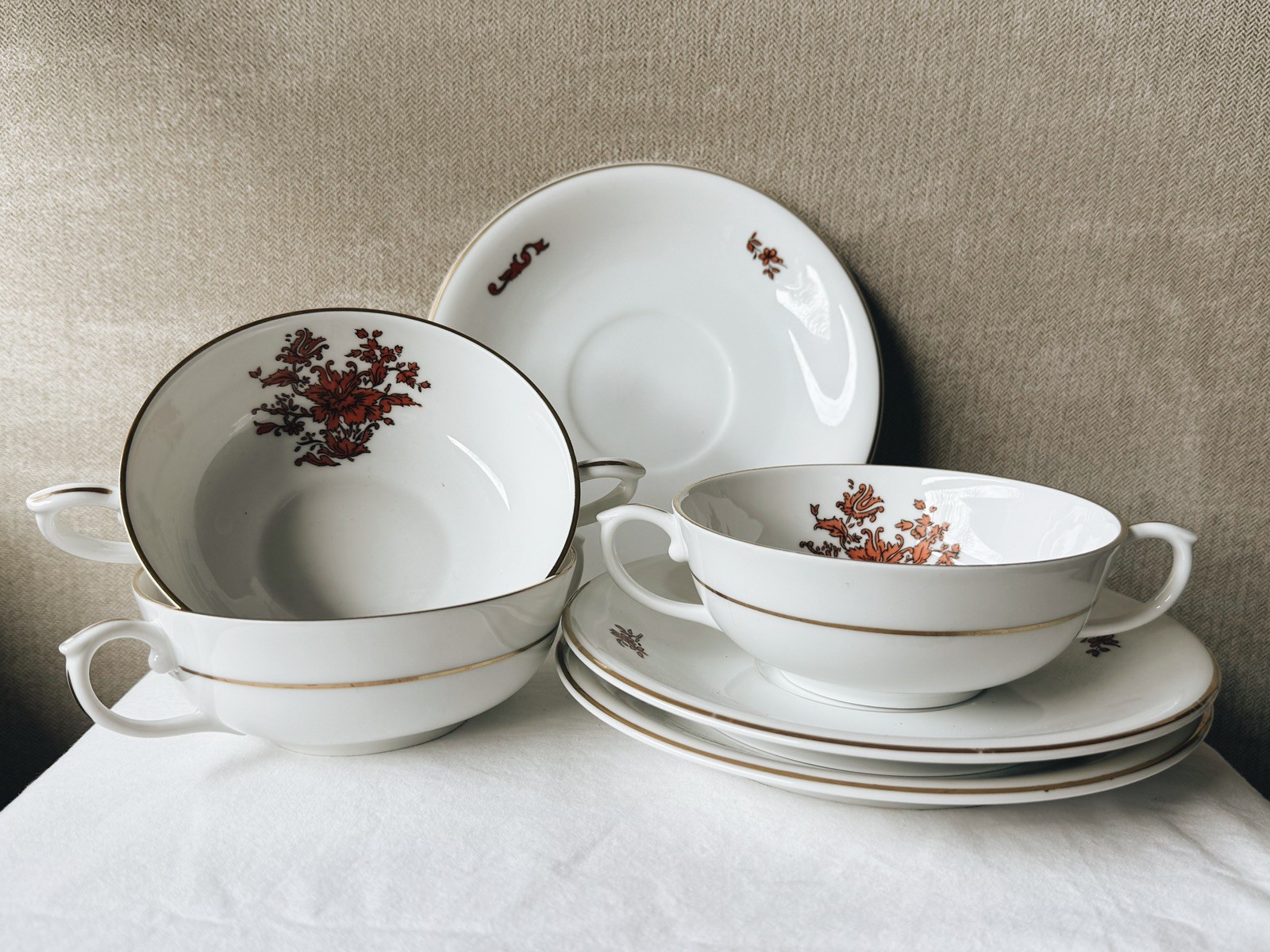 Vintage Vista Alegre “Teresa” Rust Footed Cup & Saucer Portugal, Set of THREE