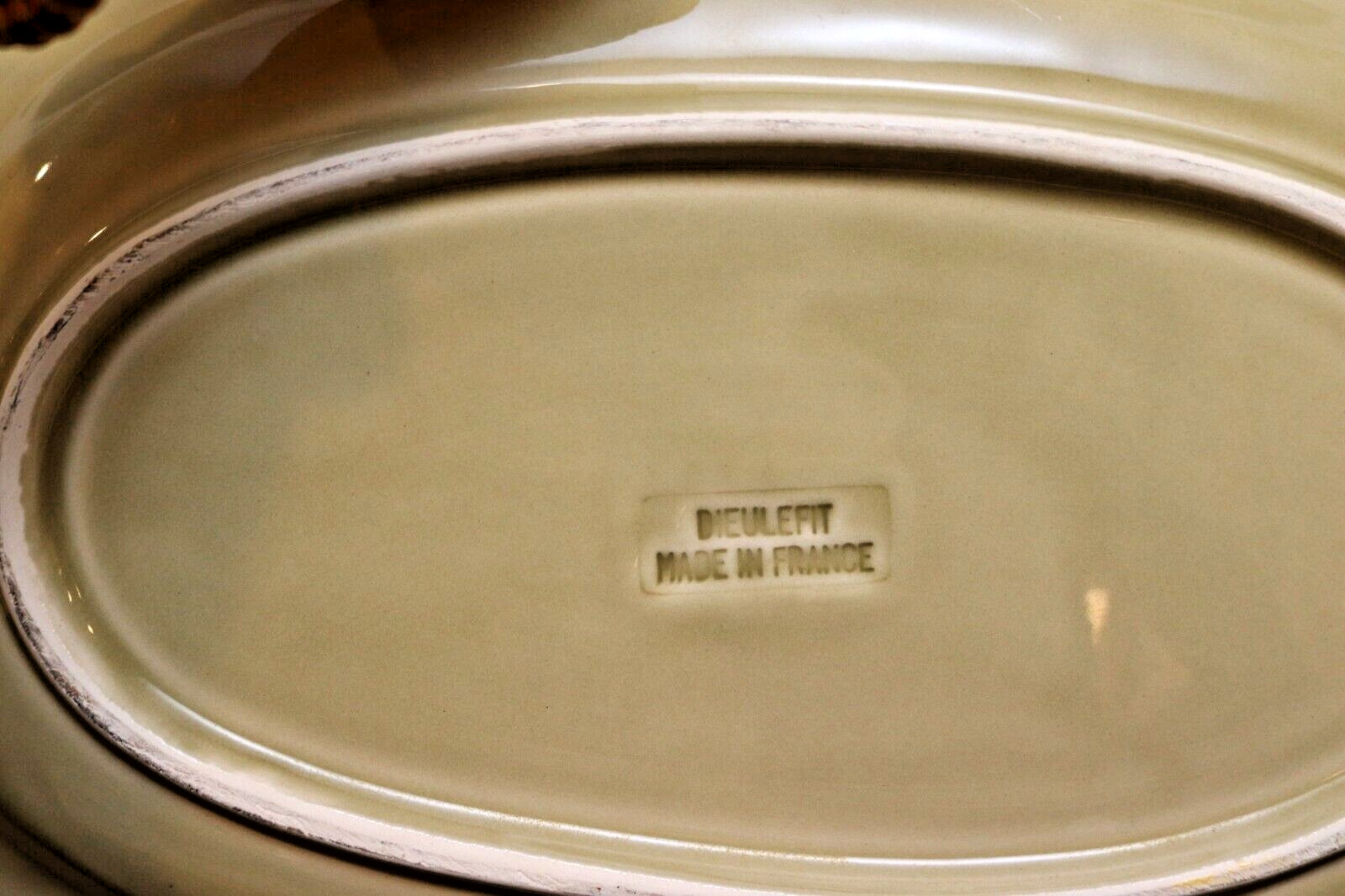 Antique French Dieulefit Pottery Oval Platter Beige Glaze Provençal Earthenware