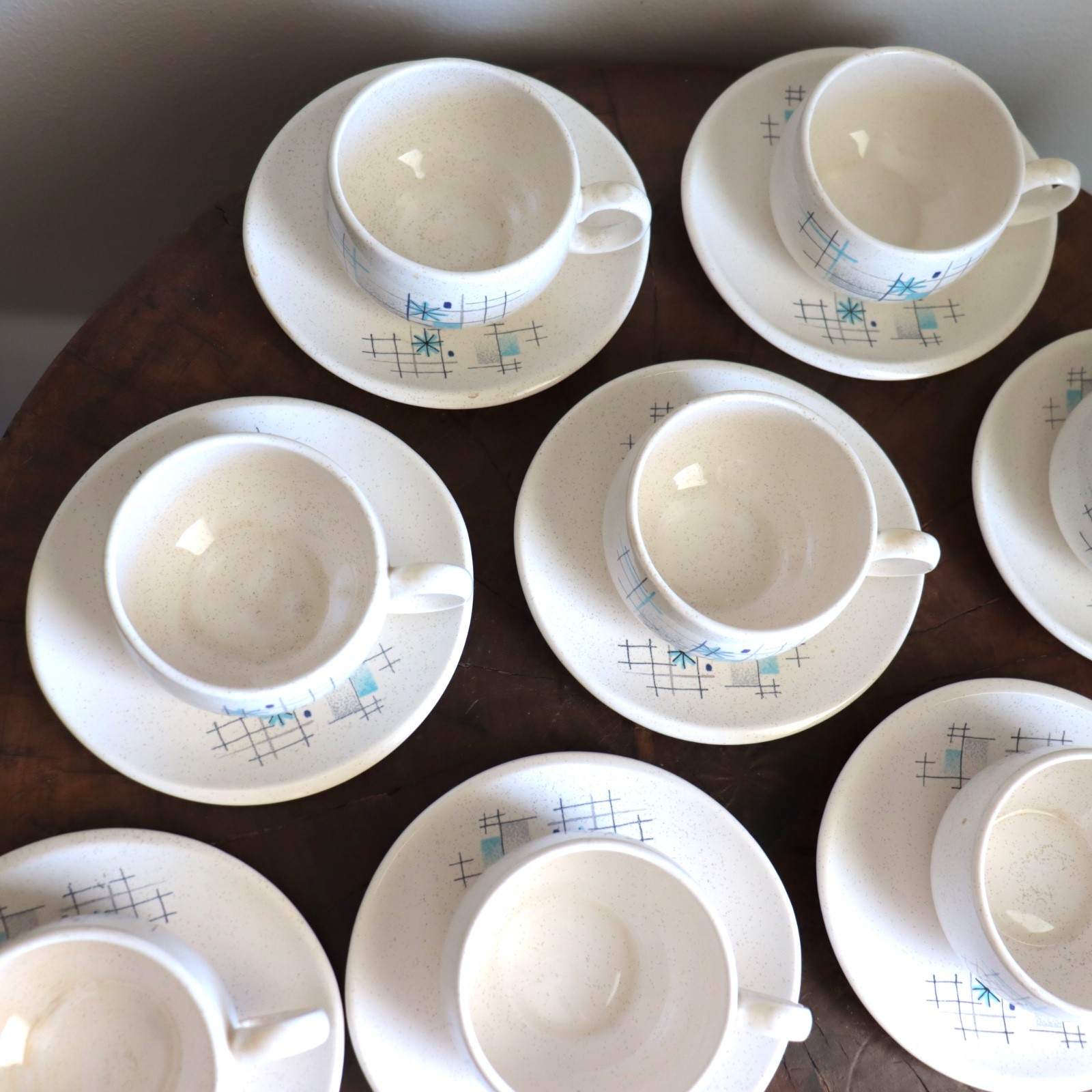 Franciscan Oasis Cup & Saucer 11 Sets Mid-Century Atomic 1950s Coffee Teacup Vtg