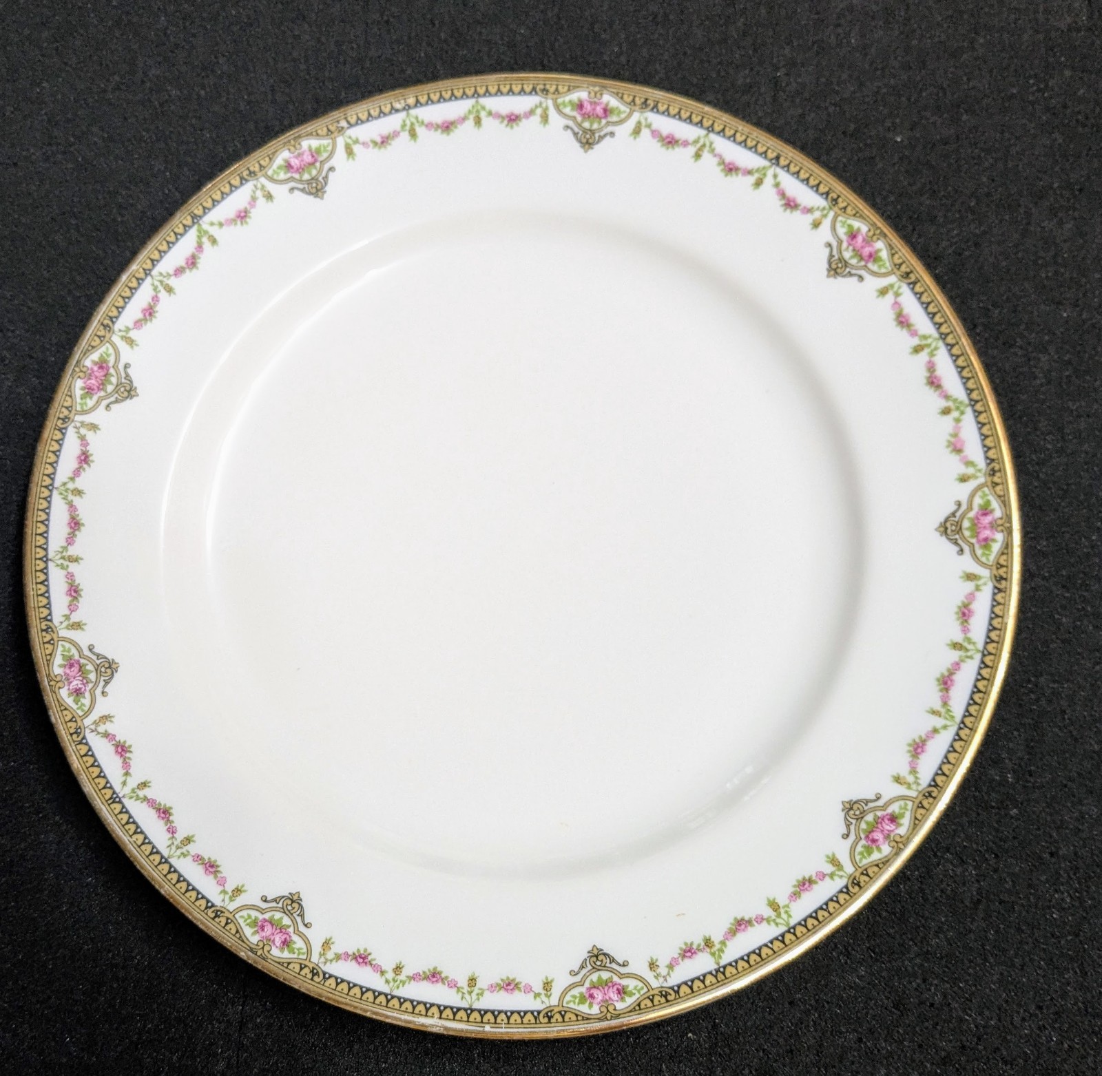 Vintage J.Lafarge Limoges France 9.7″ Dinner Plate, Pink Rose Garland, Gold Trim