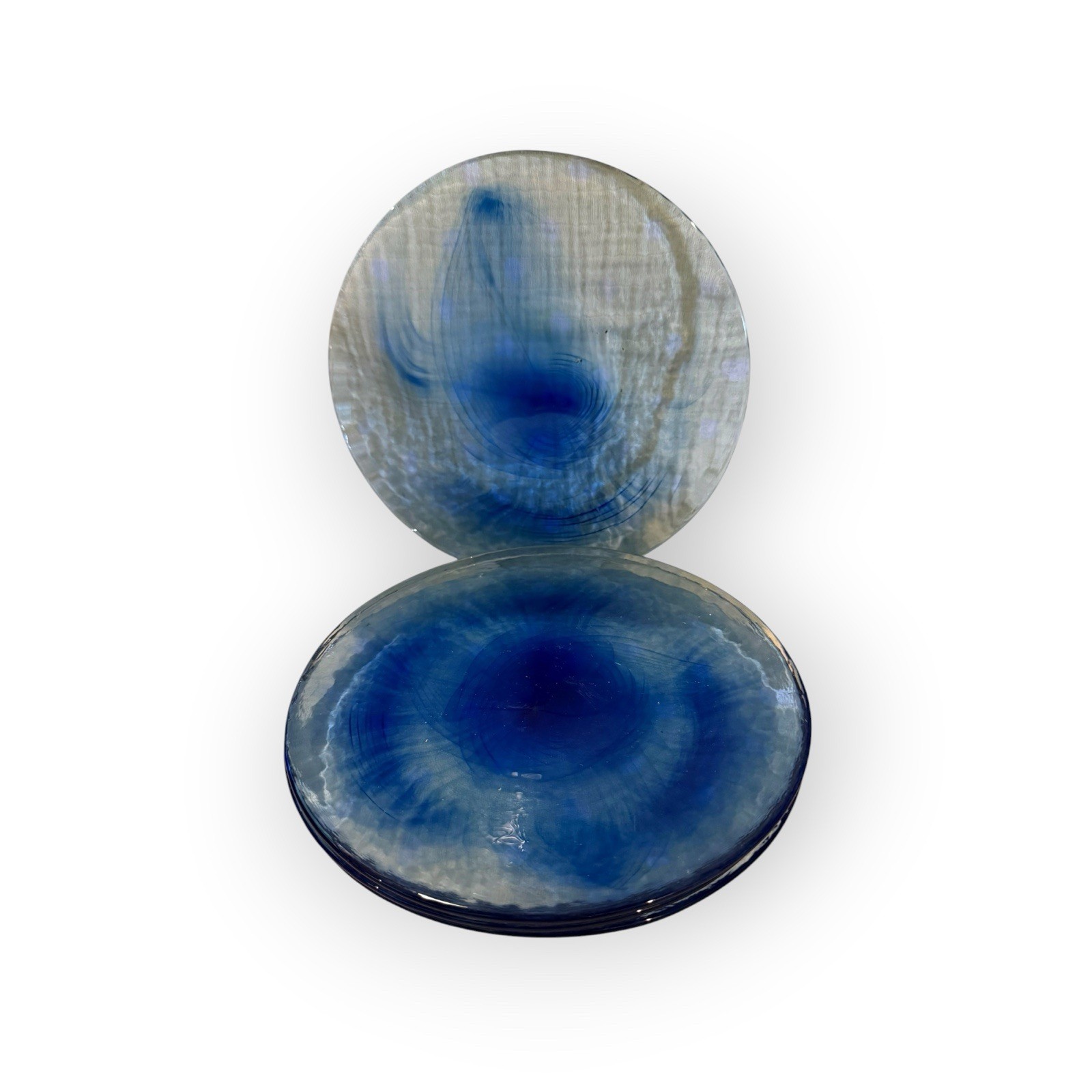 Bormioli Rocco Made In Italy SET of 3 BLUE Swirl ART GLASS PLATES Plate 8″