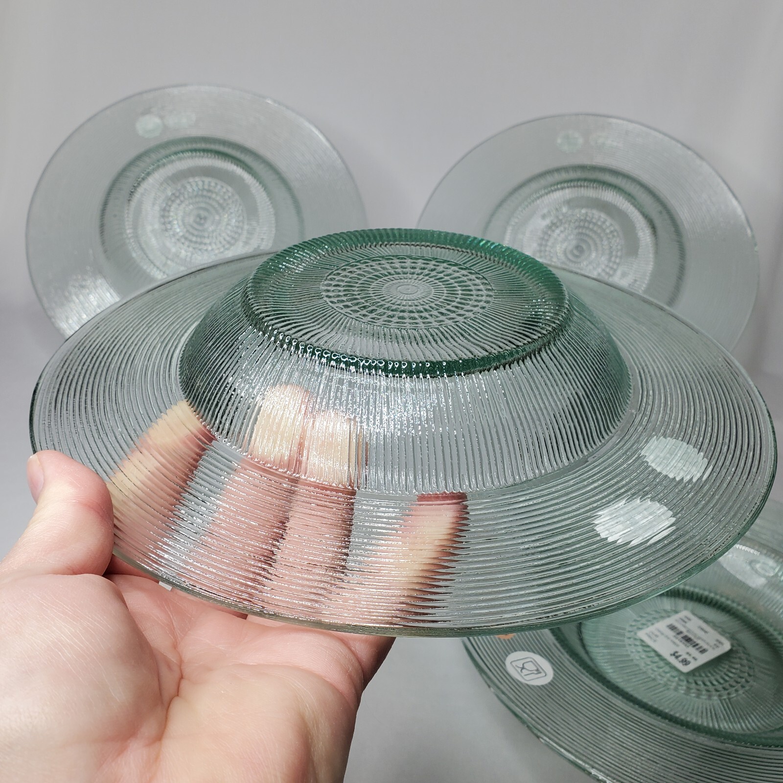 4 Recycled Spanish Glass Dinner Plates 10″ Set Wide Rim Clear Green Textured NOS