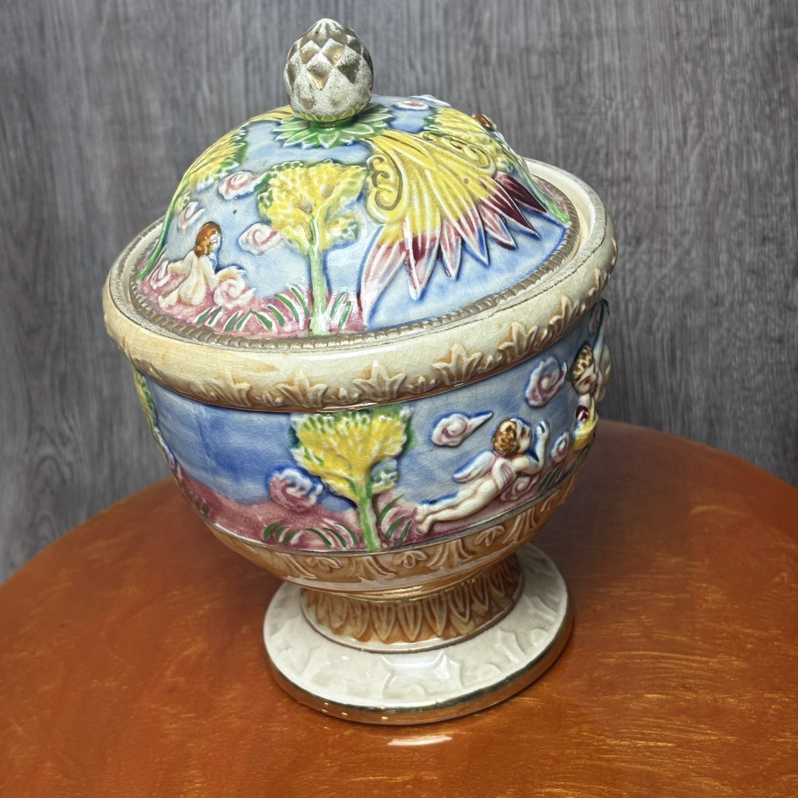 Vtg Japan Lidded Candy Dish Capodimonte Style Pedestal Angels Cerubs Crazing